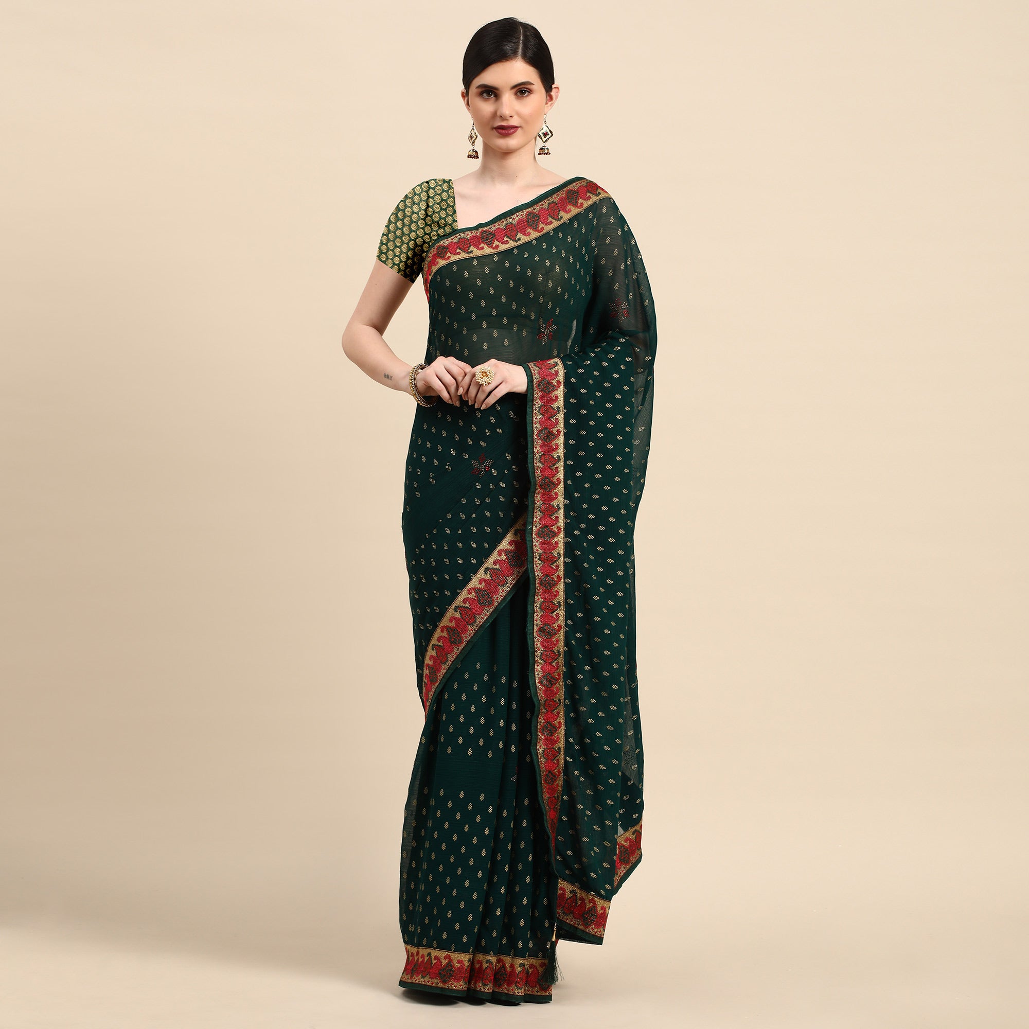 Green Foil Printed With Swarovski Zomato Silk Saree