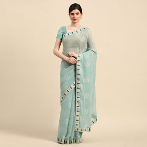 Blue Foil Printed With Swarovski Chiffon Saree