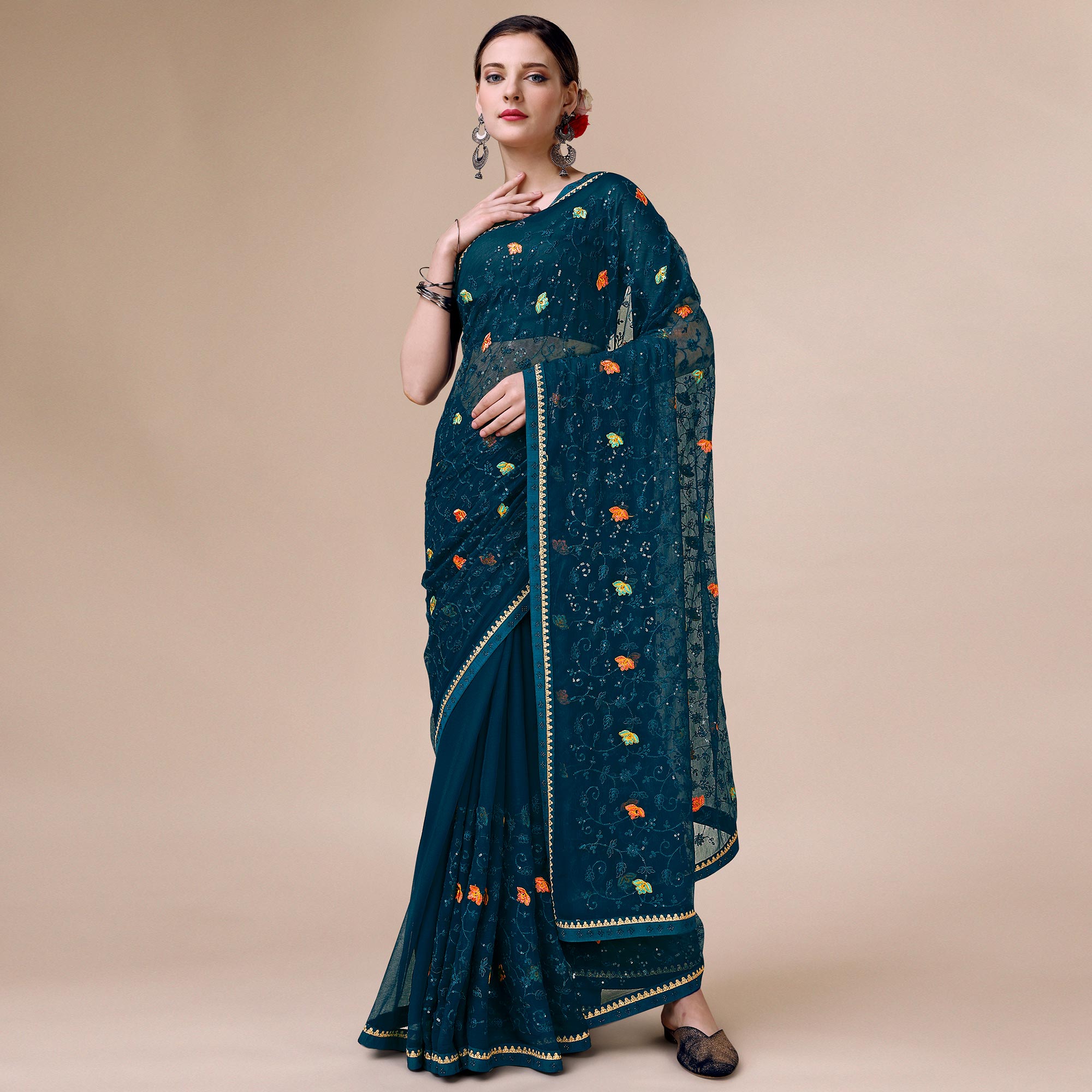 Teal Blue Floral Embroidered Chiffon Saree