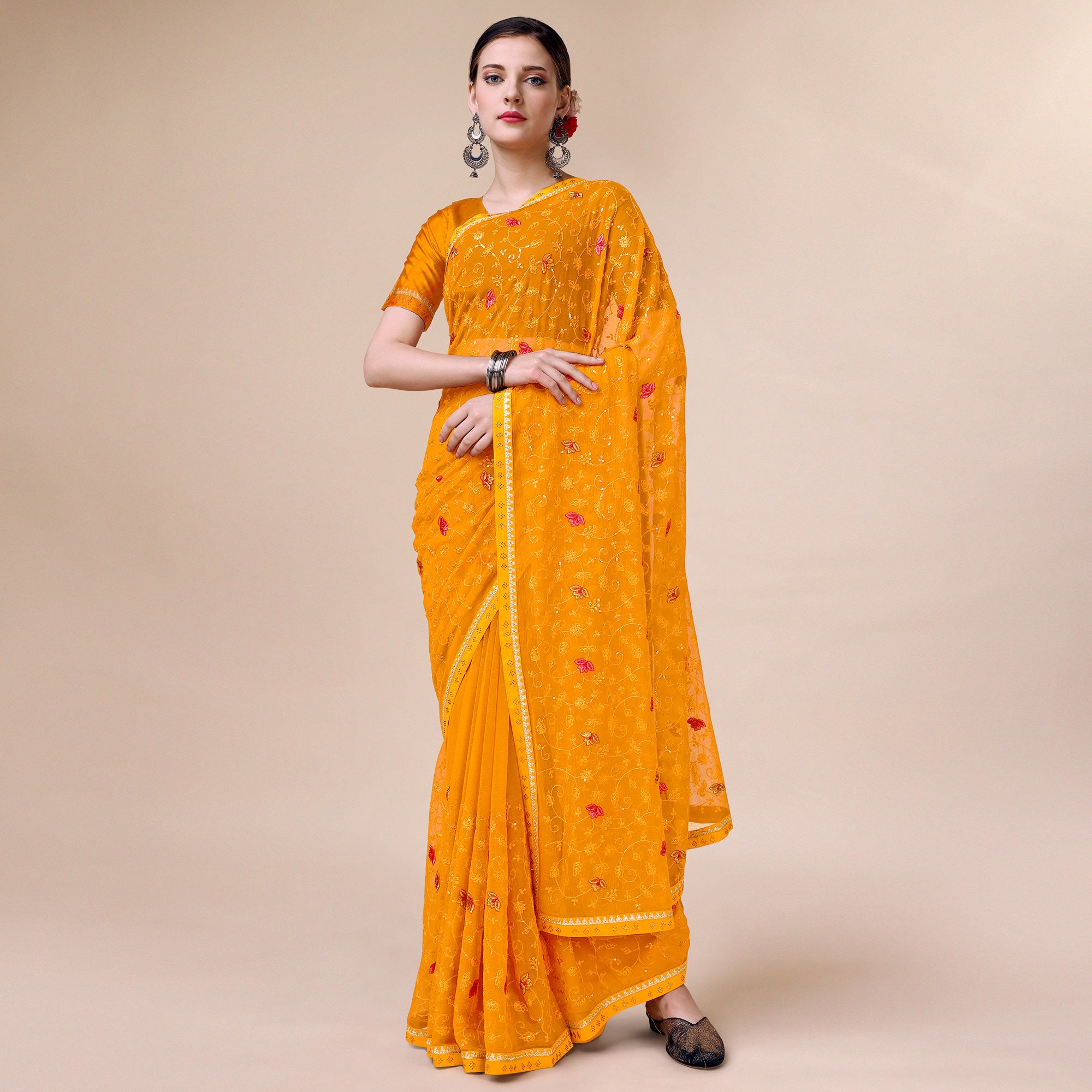 Mustard Floral Embroidered Chiffon Saree