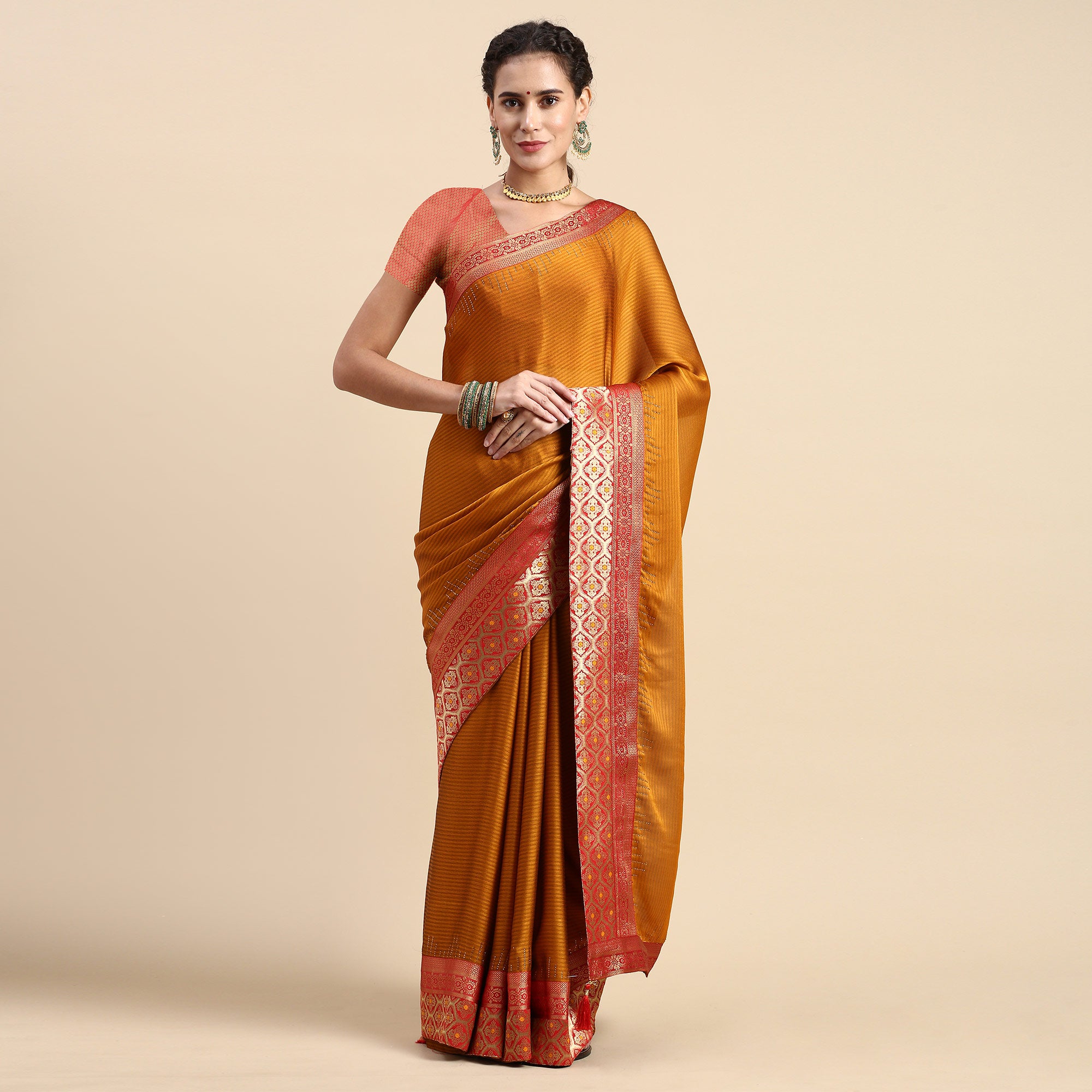 Mustard Swaroski Work With Woven Border Satin Saree