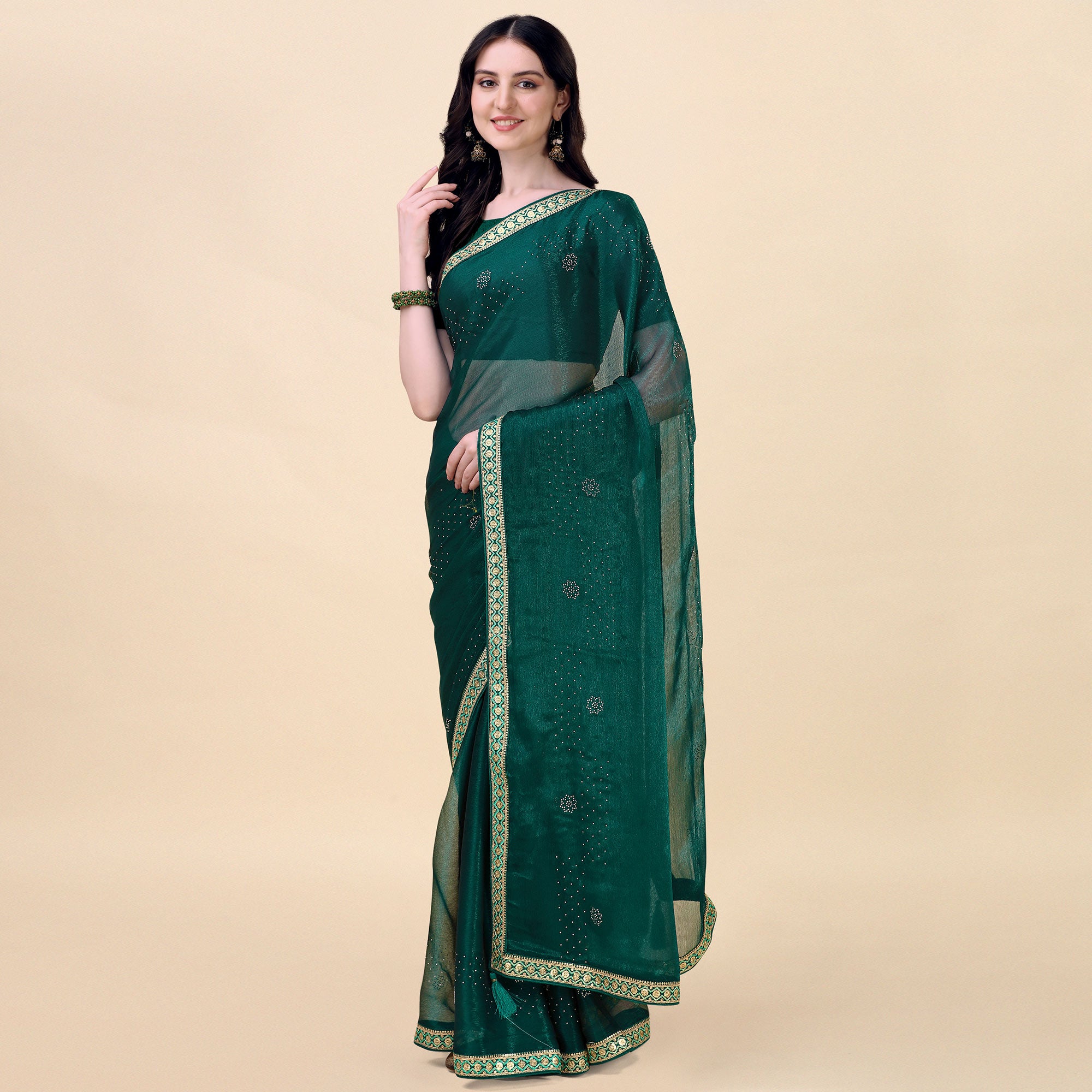 Green Swarovski With Sequins Embroidered Chiffon Saree