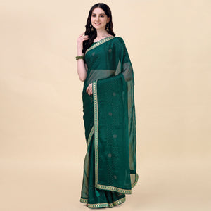 Green Swarovski With Sequins Embroidered Chiffon Saree