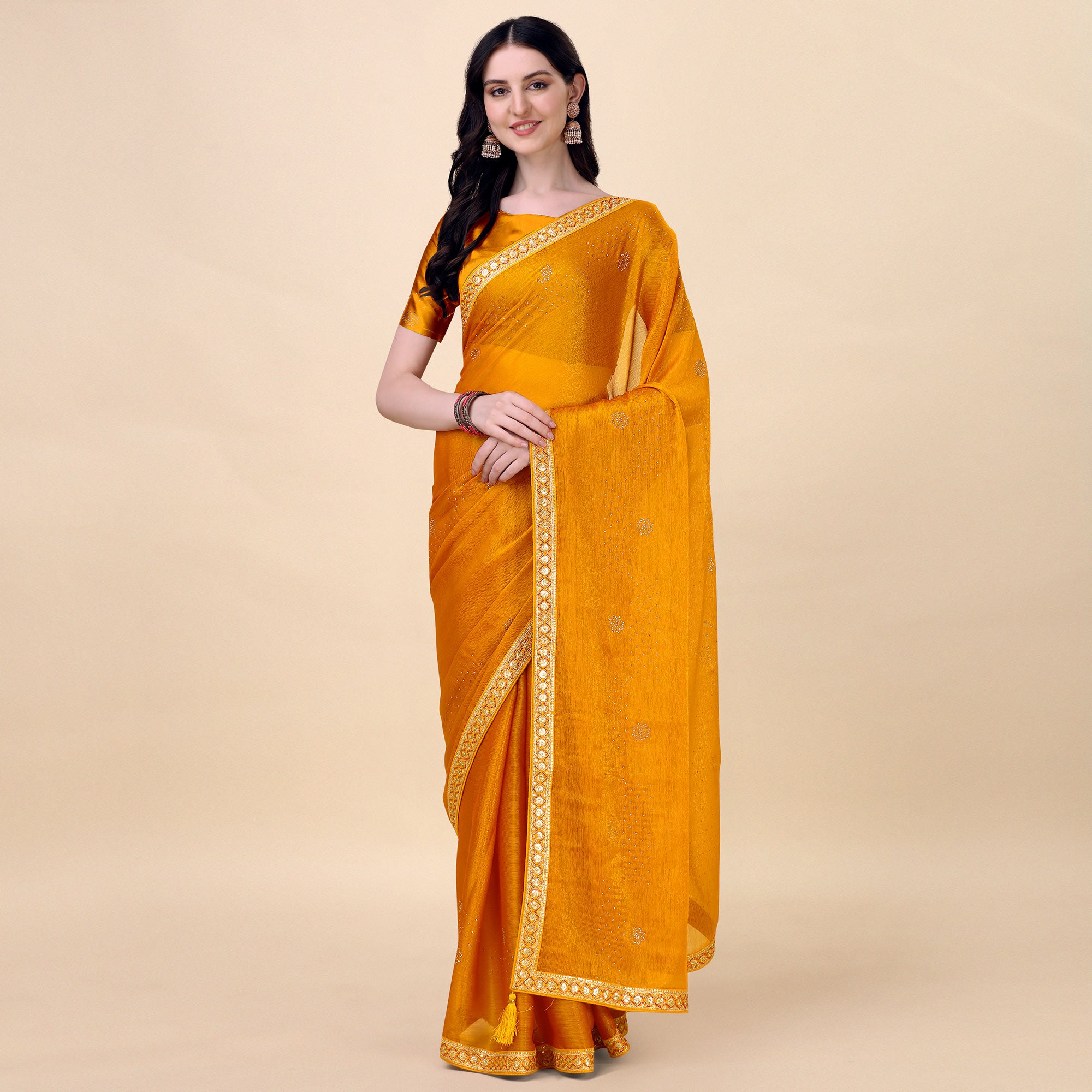 Yellow Swarovski With Sequins Embroidered Chiffon Saree