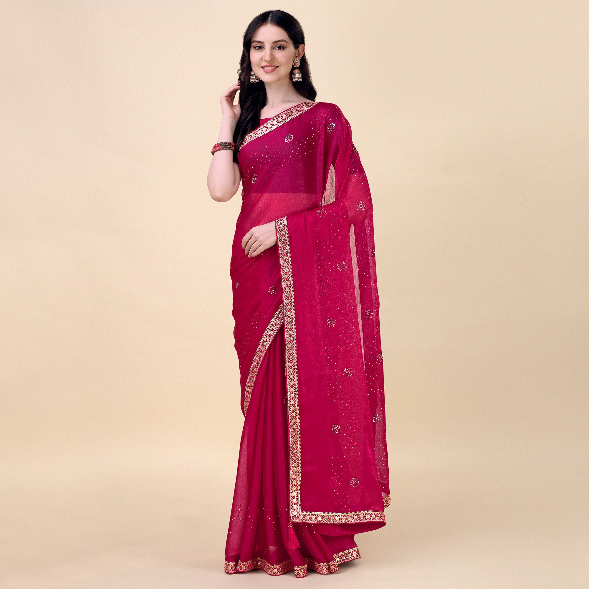 Pink Swarovski With Sequins Embroidered Chiffon Saree