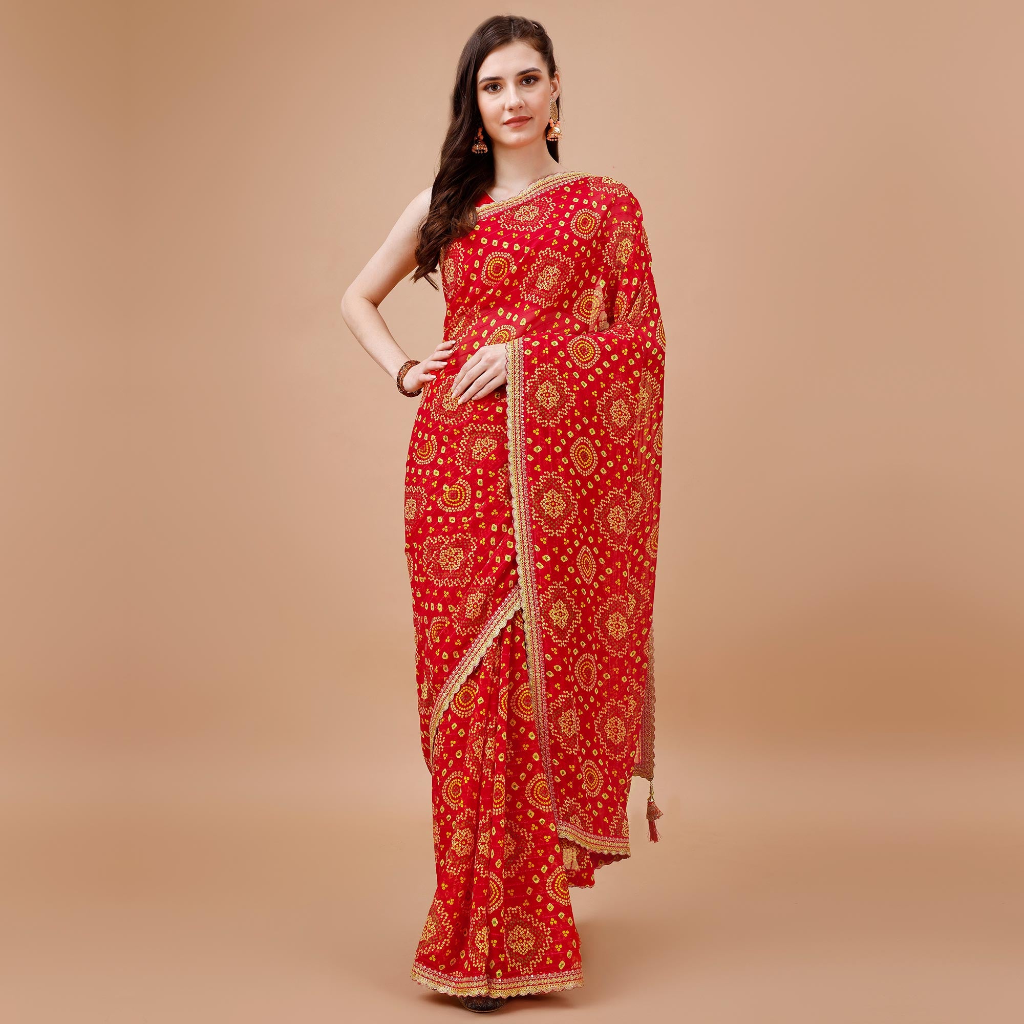 Red Bandhani Printed Georgette Saree