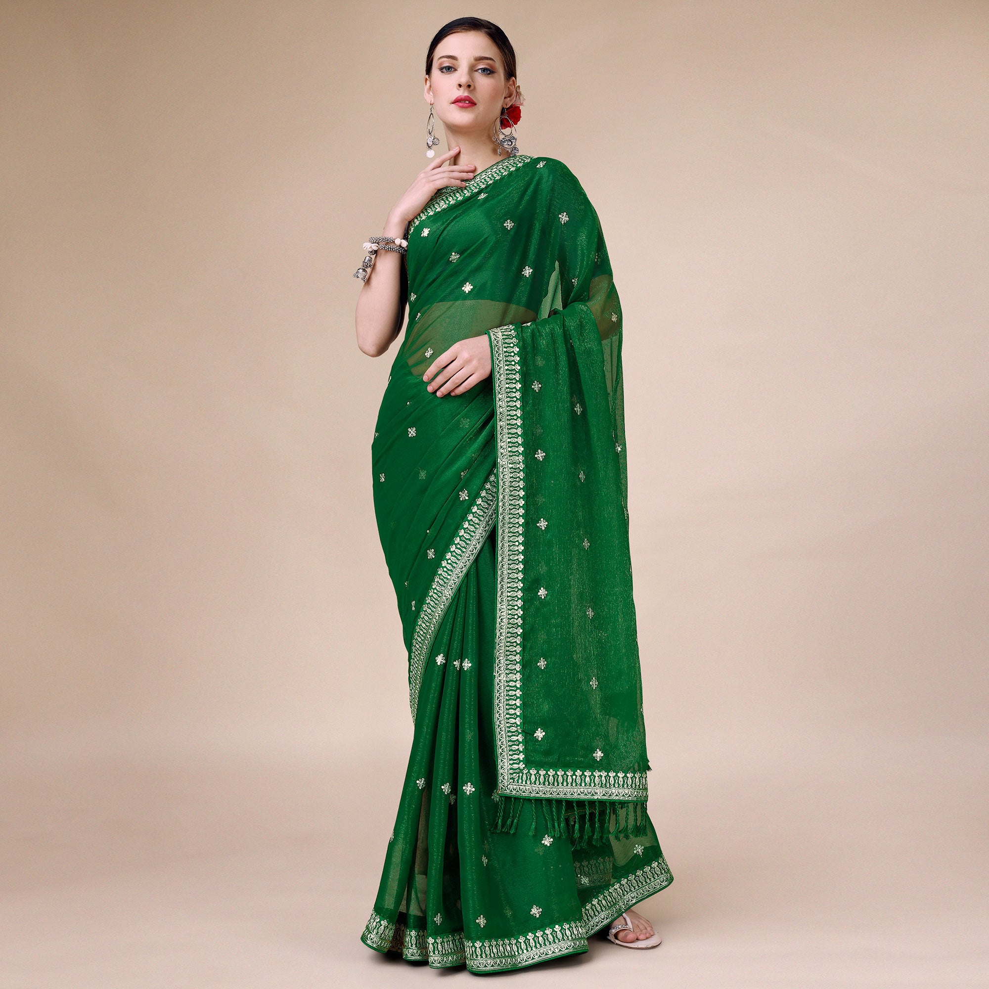Green Sequins Embroidered Chiffon Saree