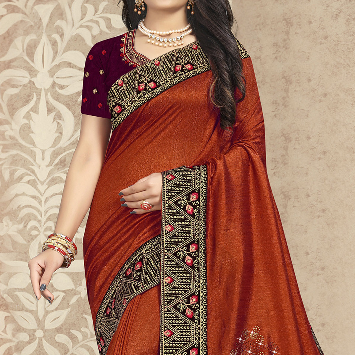 Rust Embellished Vichitra Silk Saree