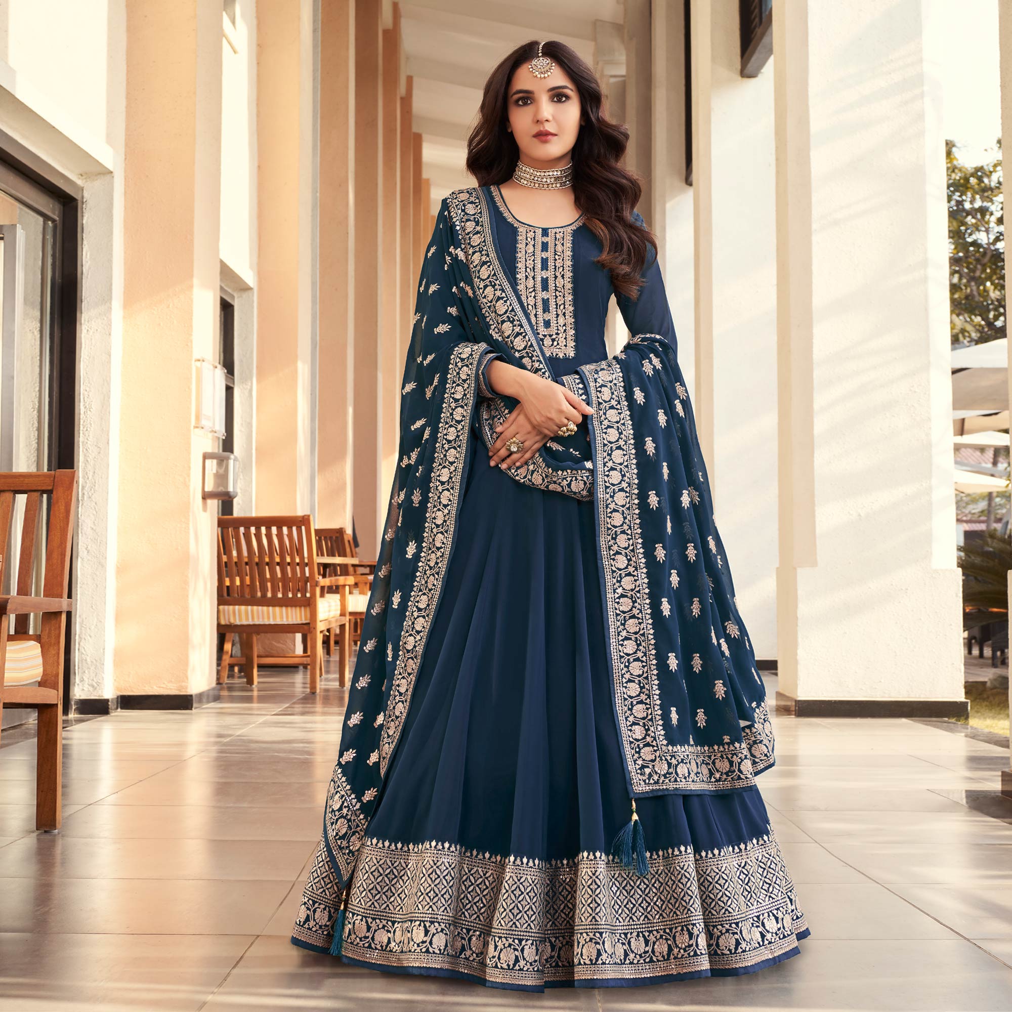 Blue Sequins Embroidered Georgette Semi Stitched Anarkali Suit