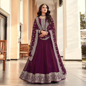 Wine Sequins Embroidered Georgette Semi Stitched Anarkali Suit