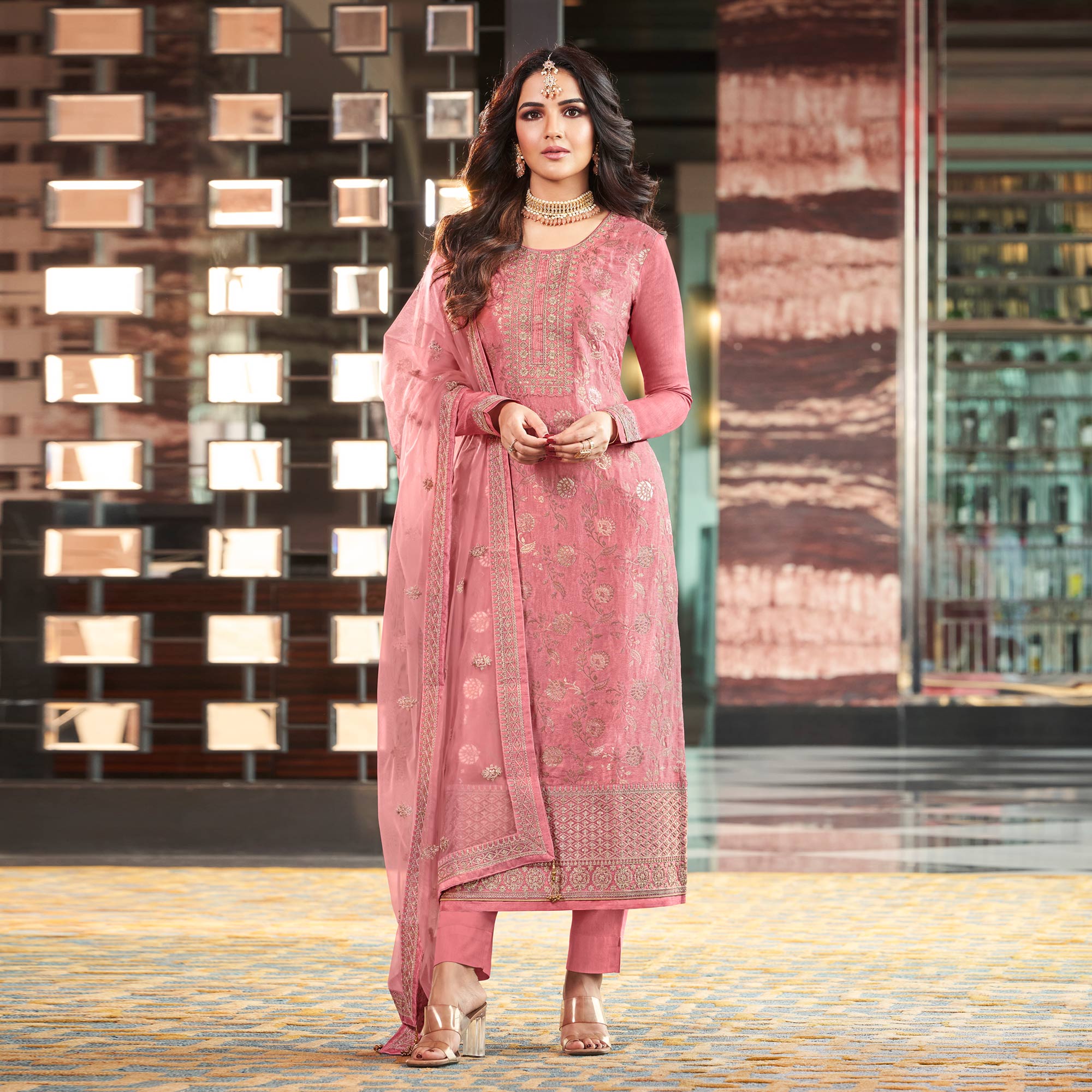 Pink Embroidered Viscose Semi Stitched Salwar Suit
