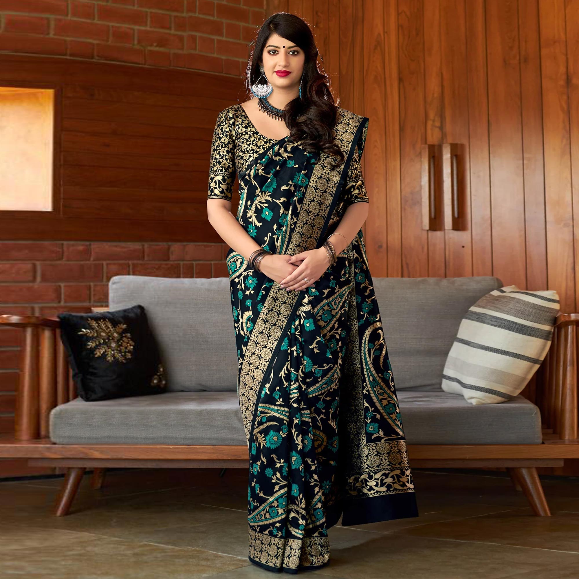 Navy Blue Woven Banarasi Silk Saree