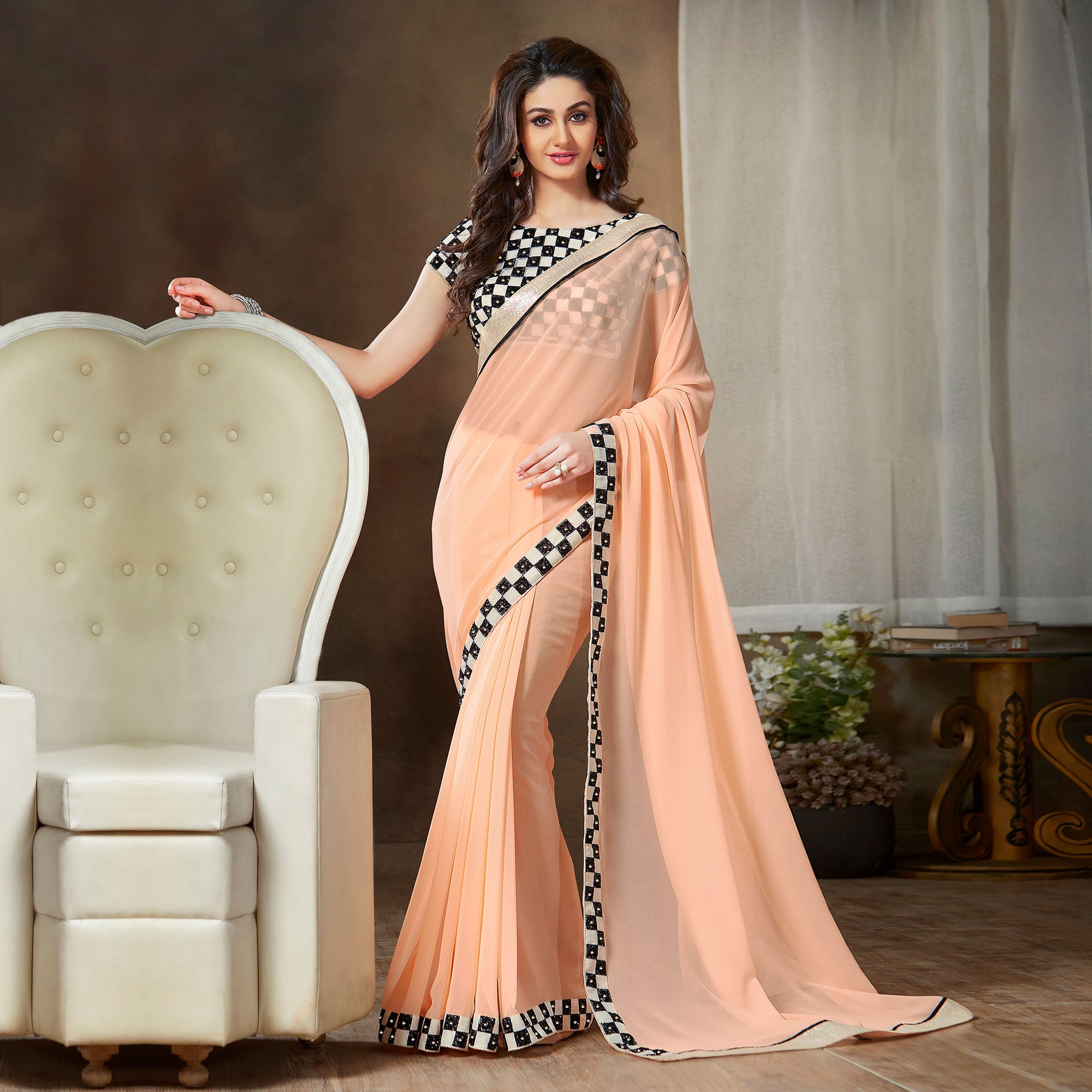 Peach Embroidered Georgette Saree