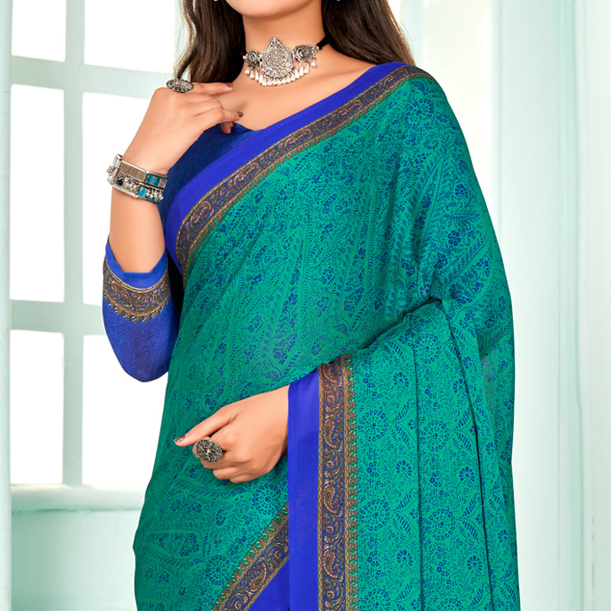 Blue Floral Printed Chiffon Saree