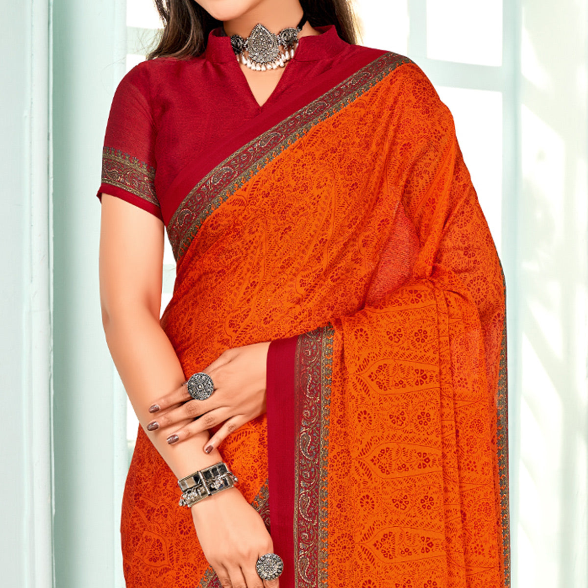 Orange Floral Printed Chiffon Saree
