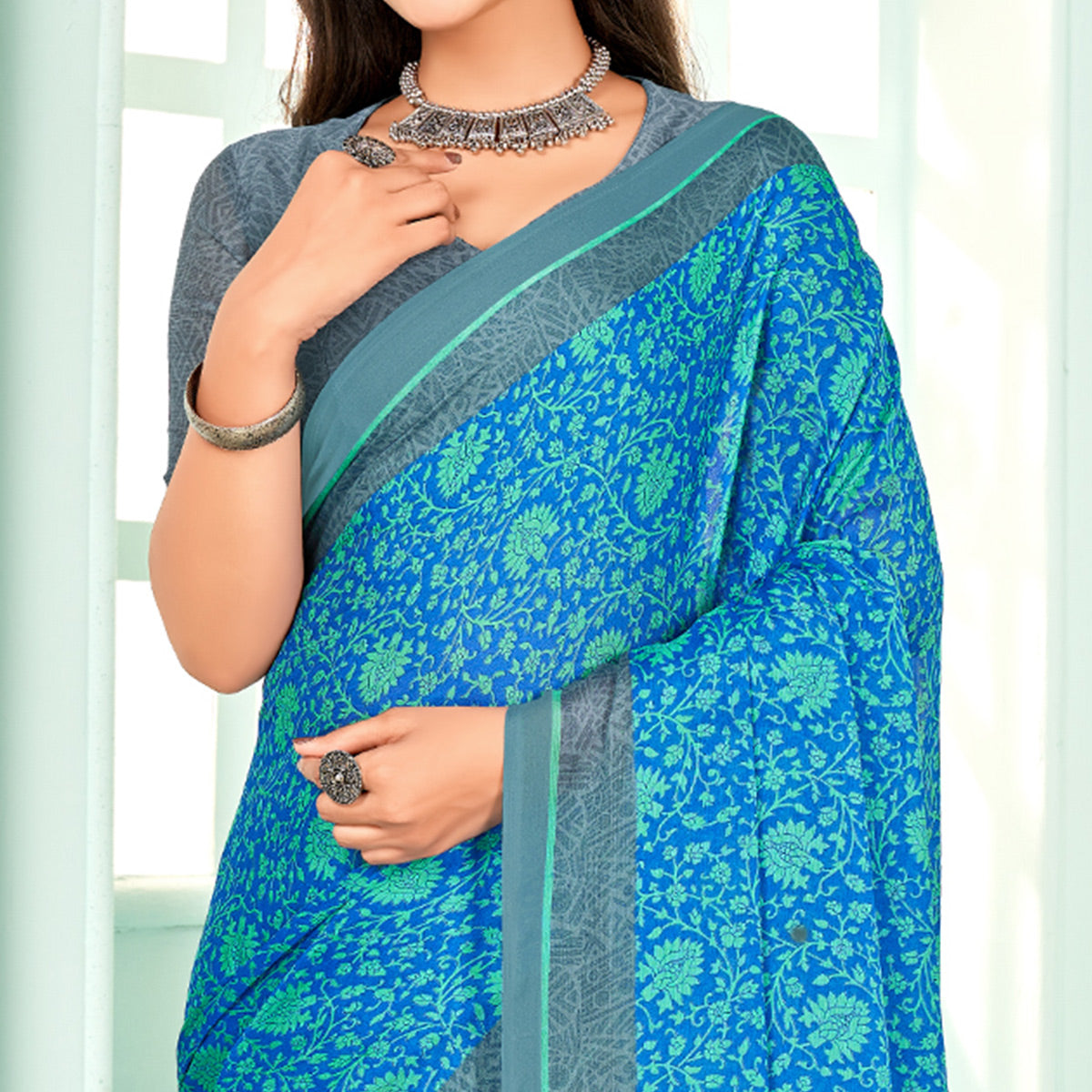 Blue Floral Printed Chiffon Saree