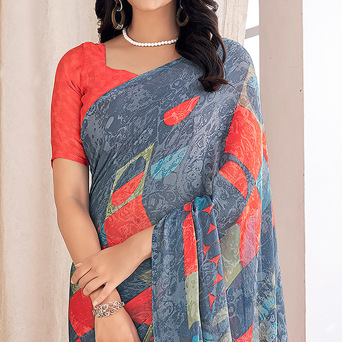 Grey Geometric Printed Chiffon Saree