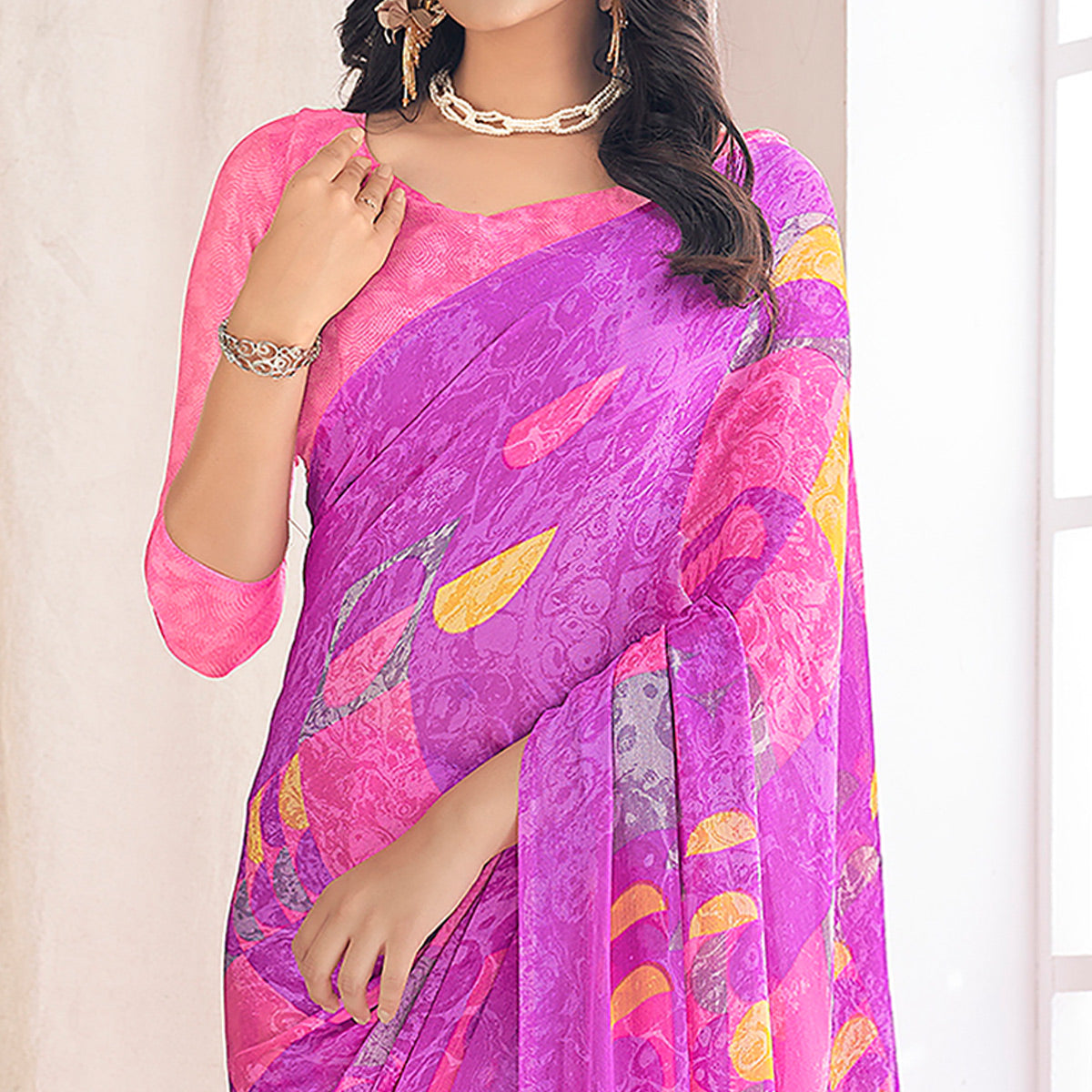Purple Geometric Printed Chiffon Saree