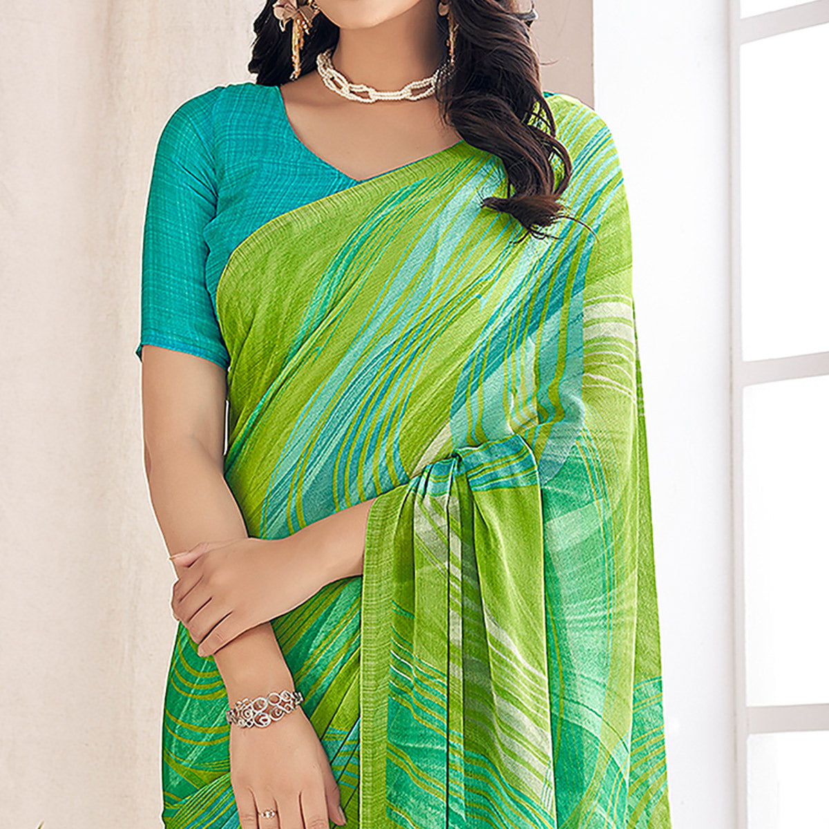 Green Printed Chiffon Saree