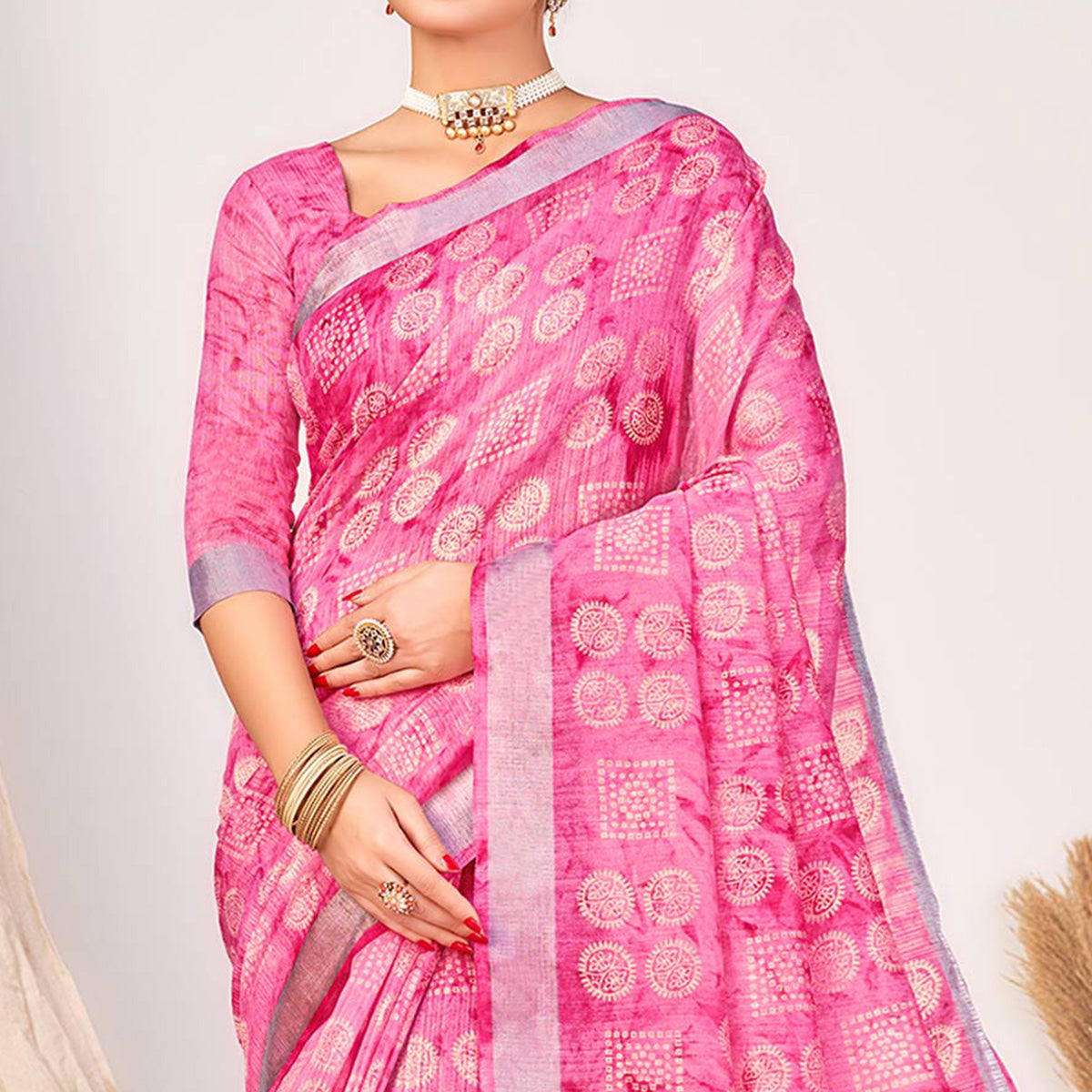 Pink Printed Cotton Silk Saree With Woven Border