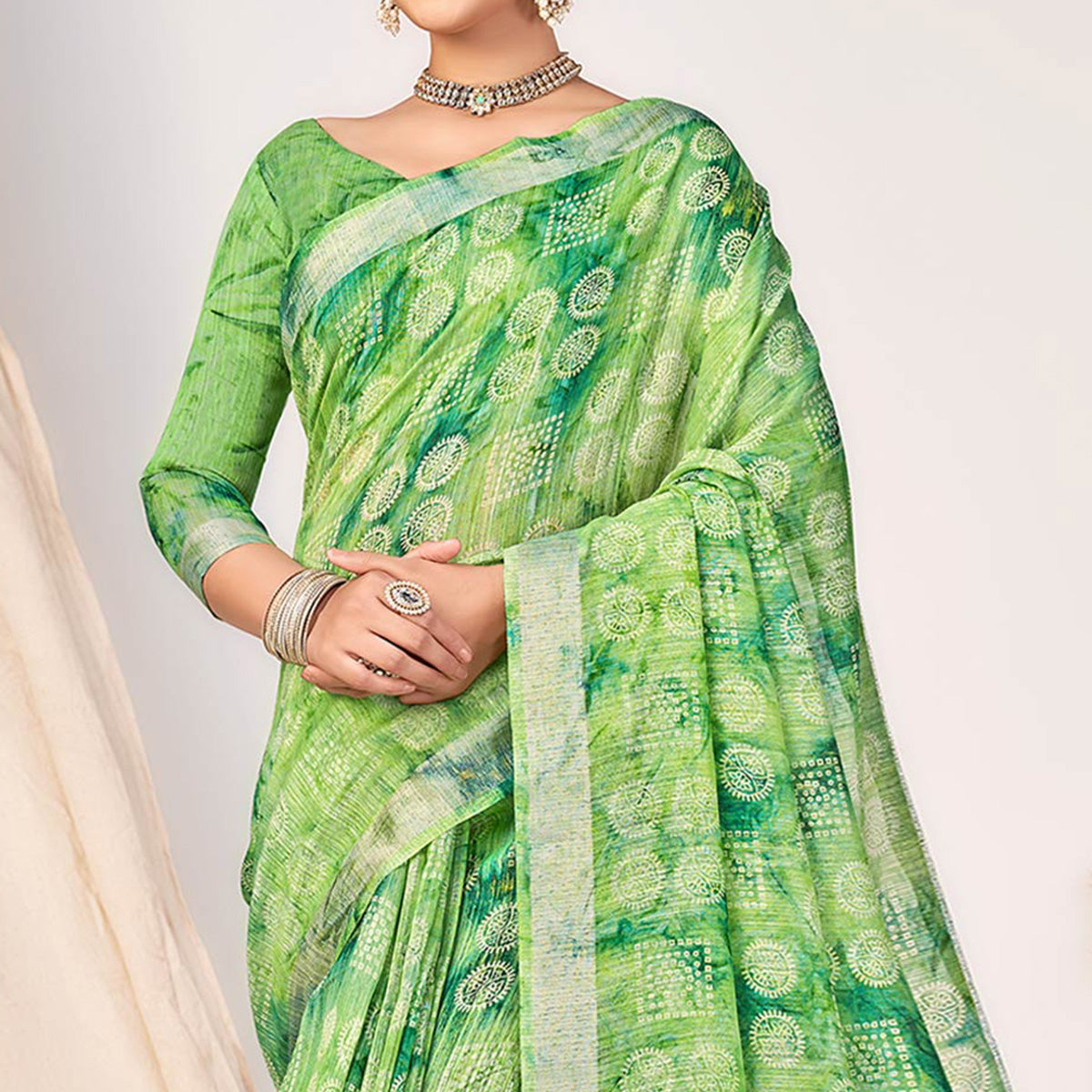 Pista Green Printed Cotton Silk Saree With Woven Border