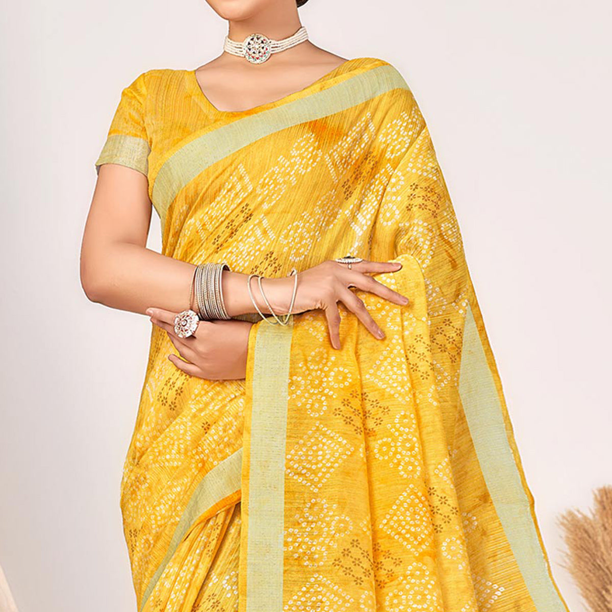 Yellow Printed Cotton Silk Saree With Woven Border