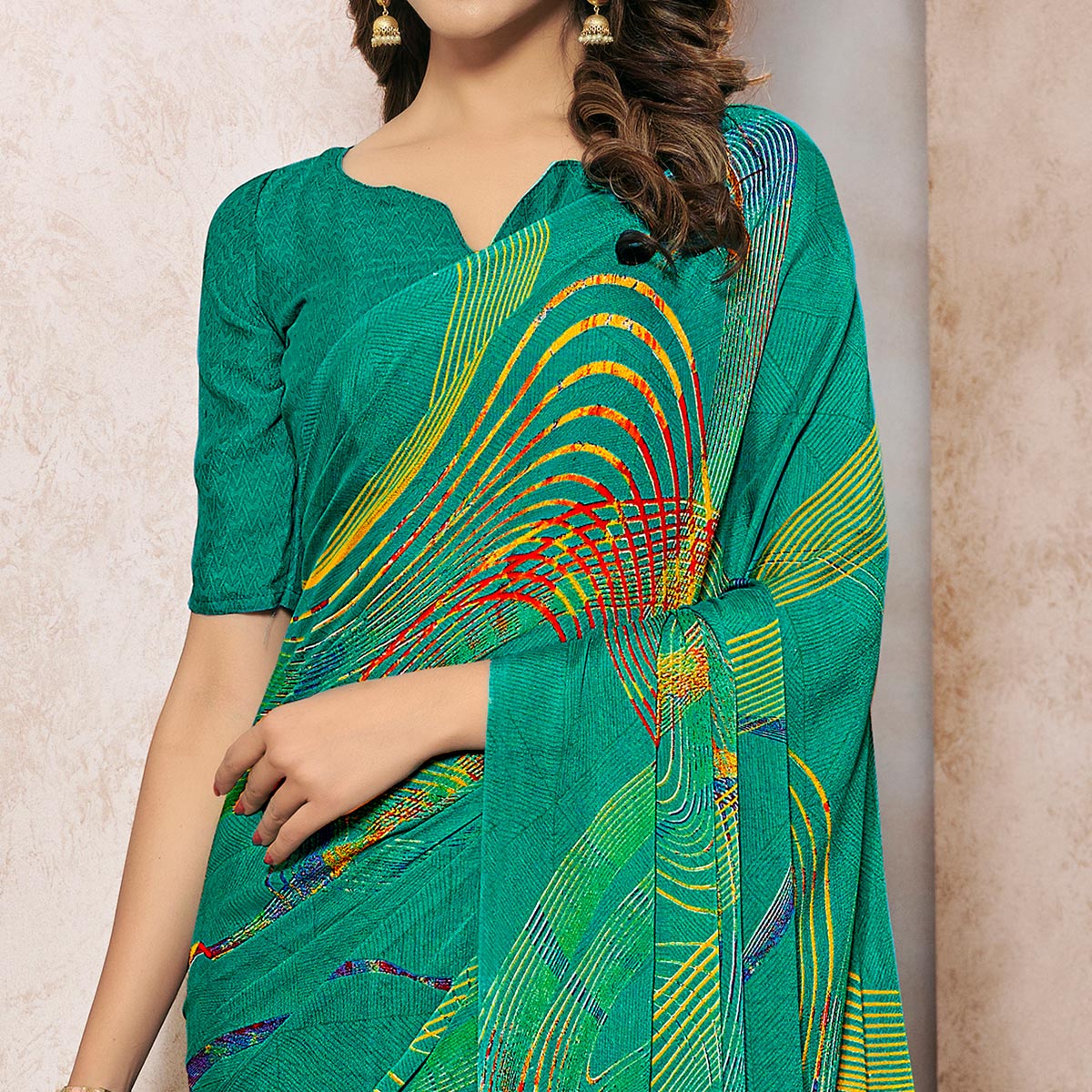 Green Printed Georgette Saree