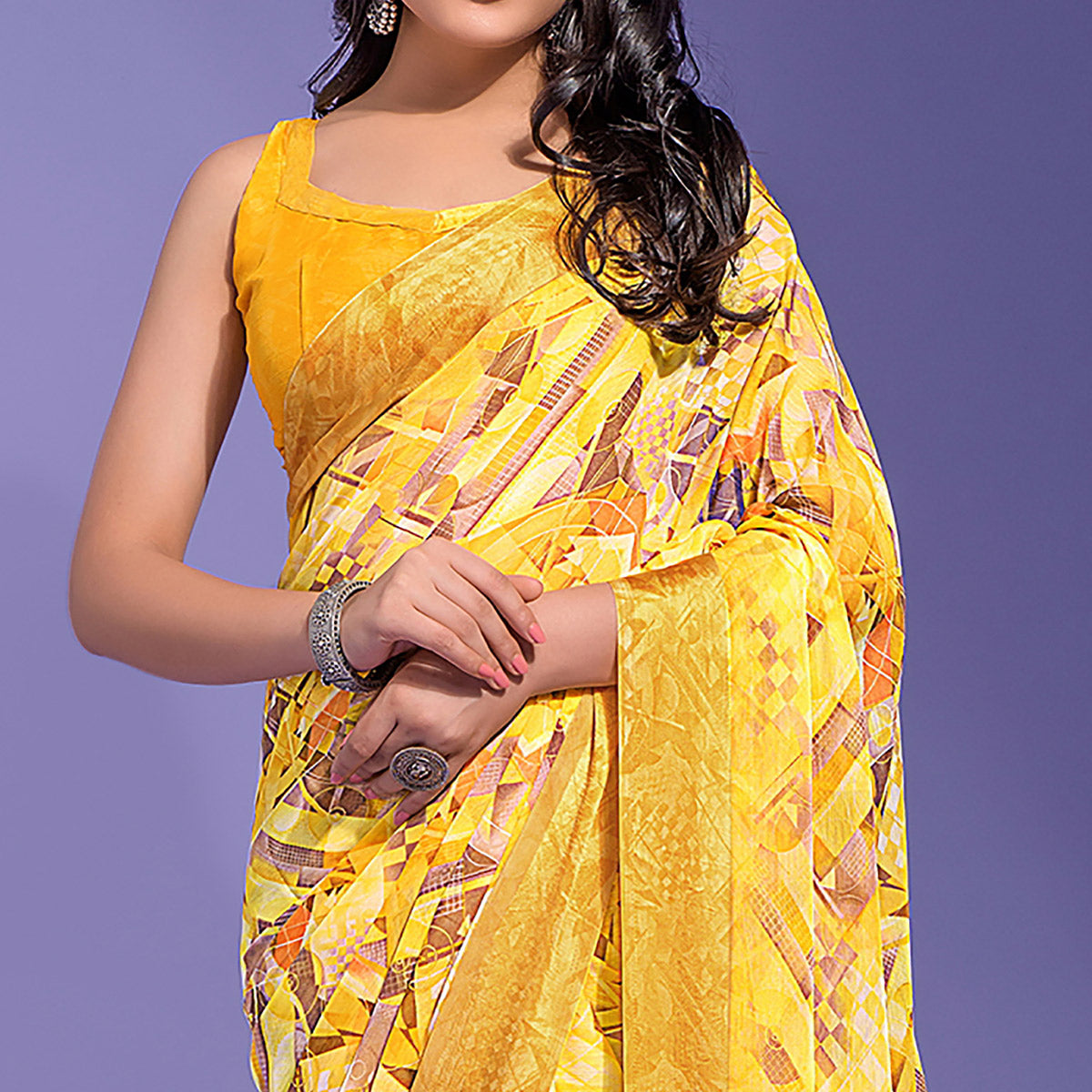 Yellow Geometric Printed Chiffon Saree