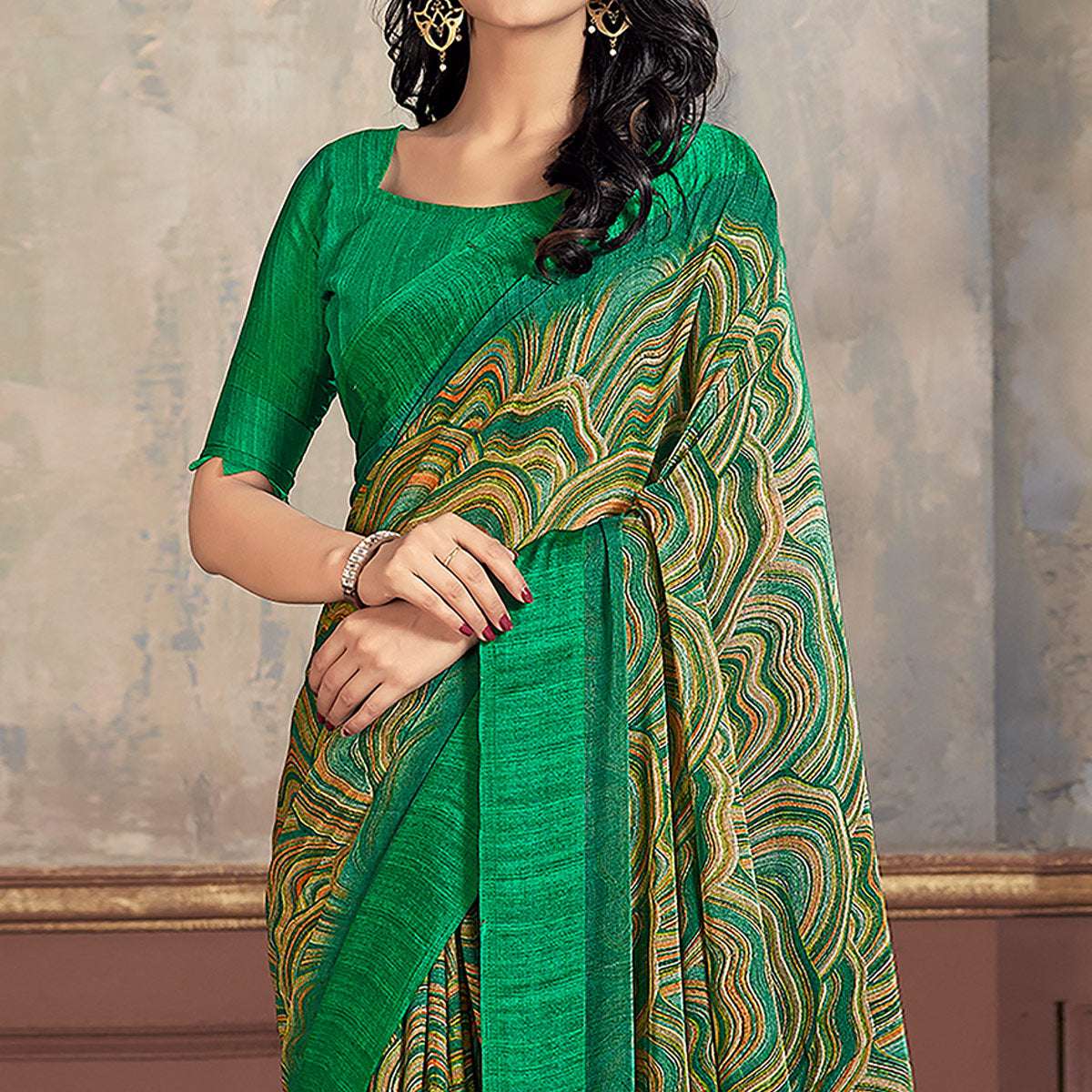 Green Printed Chiffon Saree With Woven Border