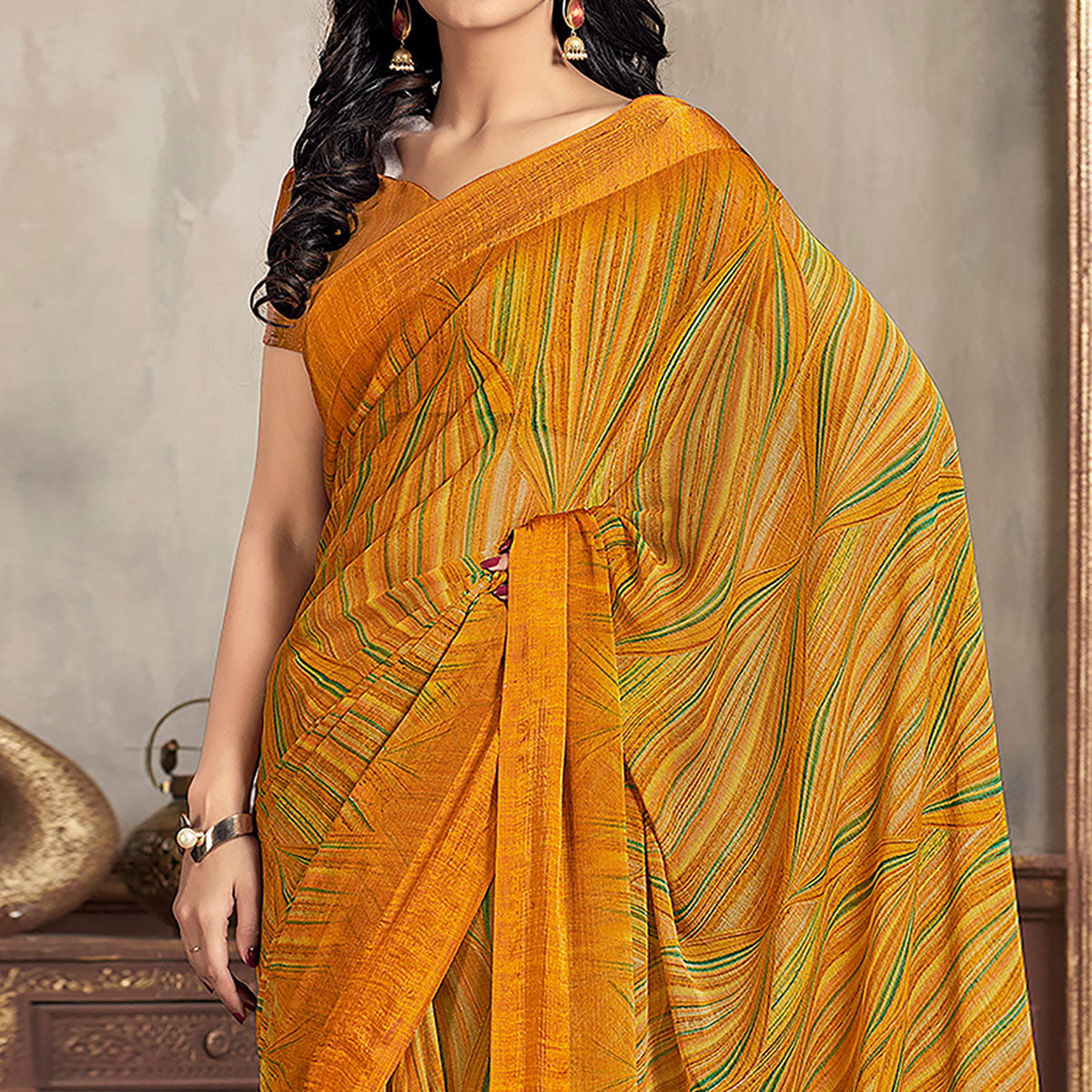 Mustard Printed Chiffon Saree With Woven Border