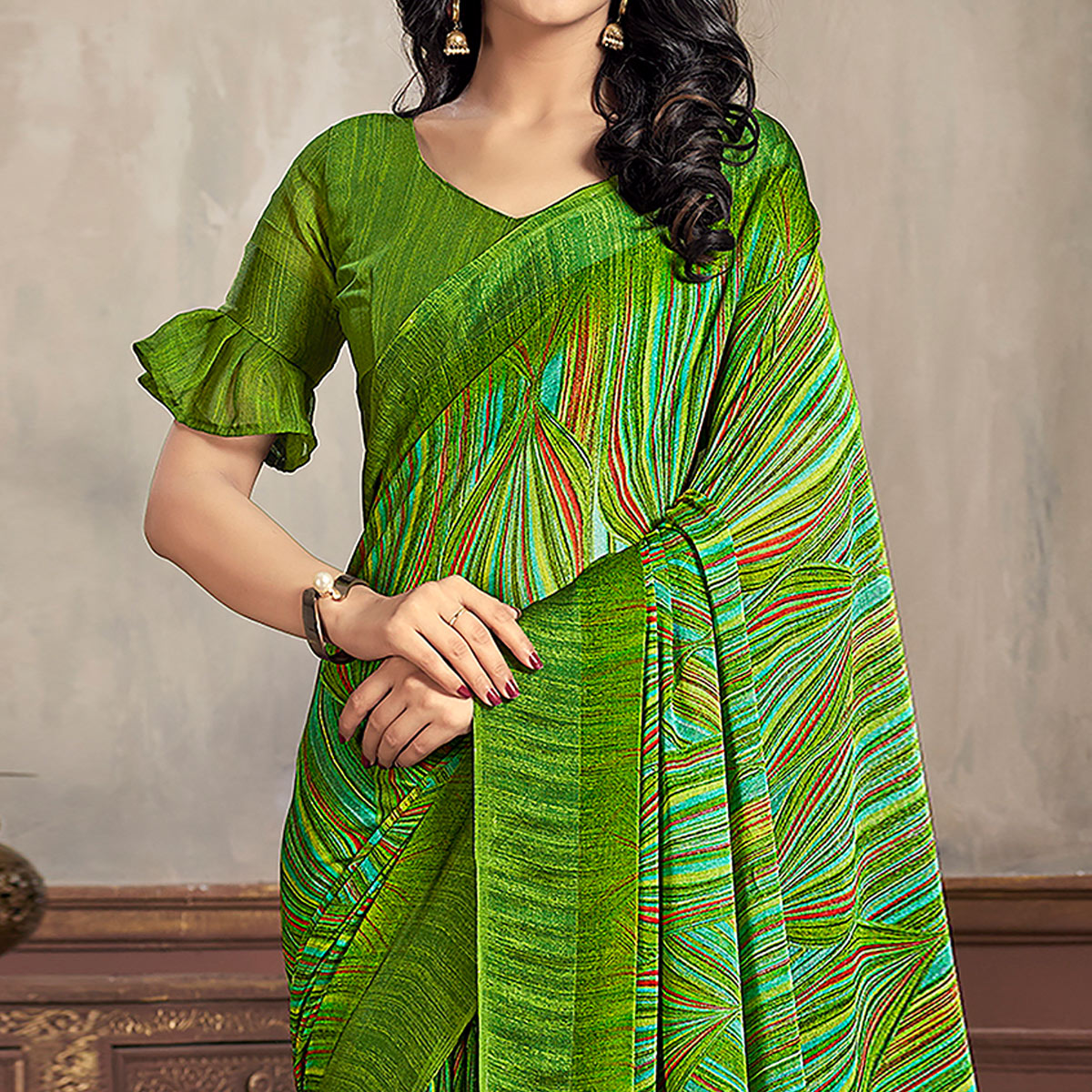 Green Printed Chiffon Saree With Woven Border