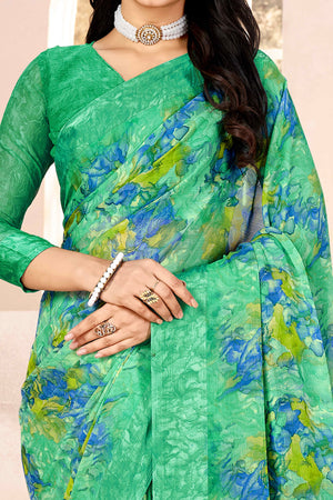 Green Chiffon Saree With Delicate Floral Prints & Elegant Woven Border