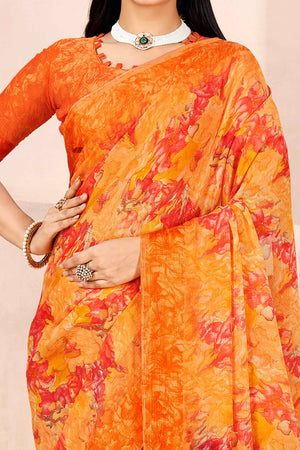 Orange Chiffon Saree With Delicate Floral Prints & Elegant Woven Border