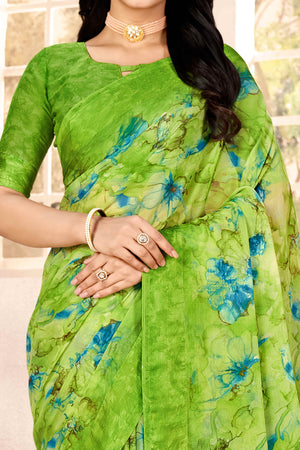 Green Chiffon Saree With Delicate Floral Prints & Elegant Woven Border