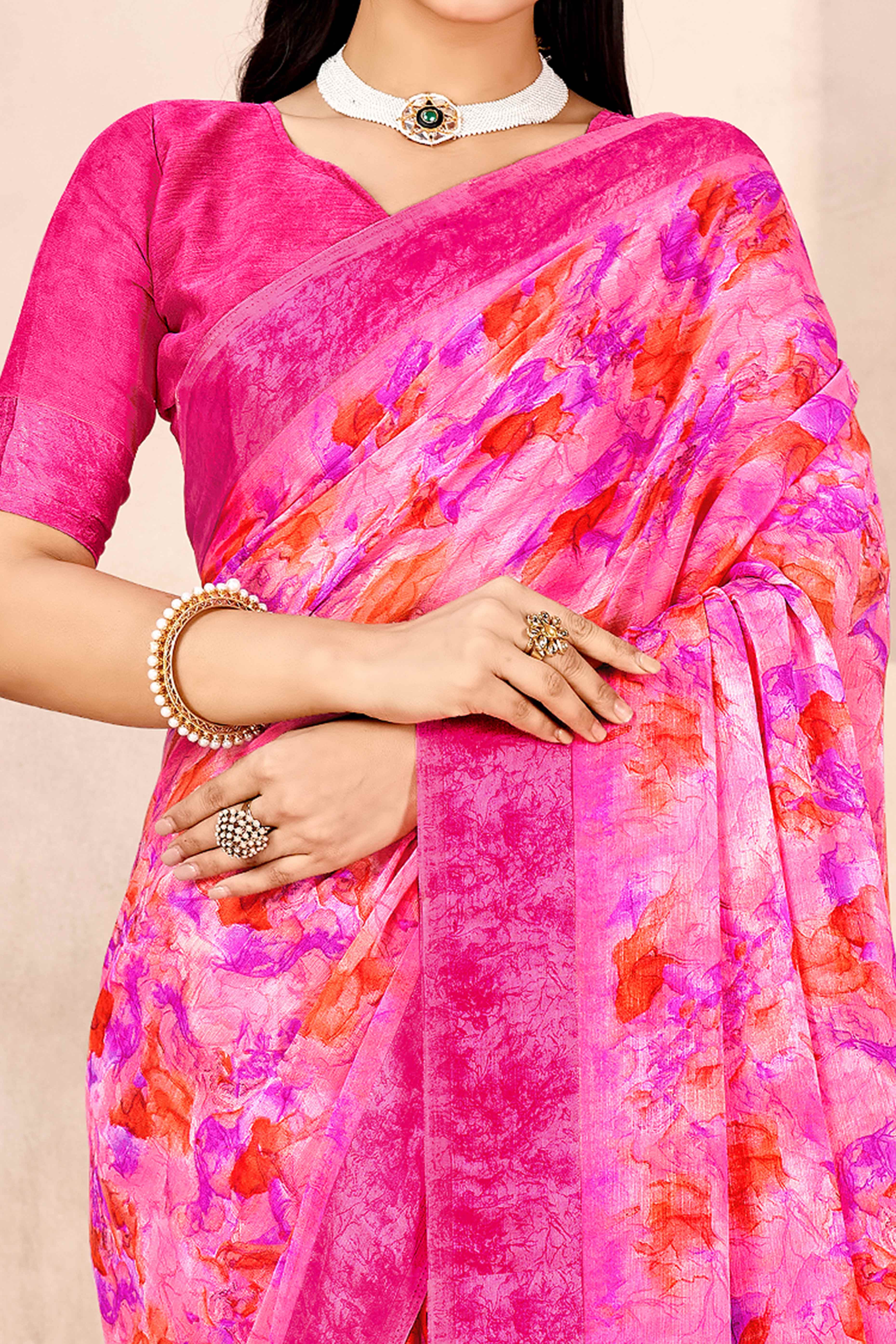 Rani Pink Chiffon Saree With Delicate Floral Prints & Elegant Woven Border