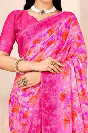 Rani Pink Chiffon Saree With Delicate Floral Prints & Elegant Woven Border