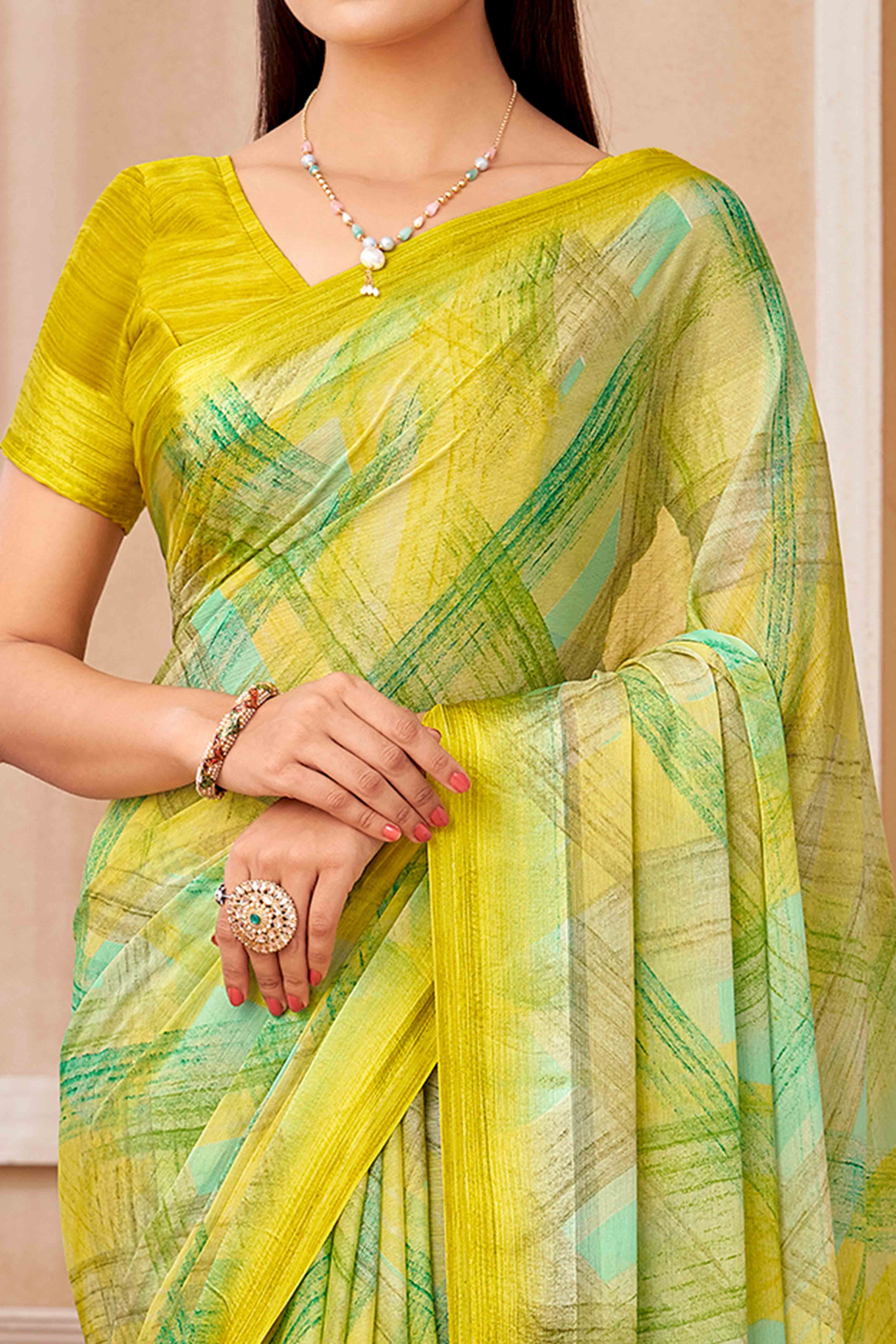 Lime Green Chiffon Saree With Delicate Prints & Elegant Satin Woven Border