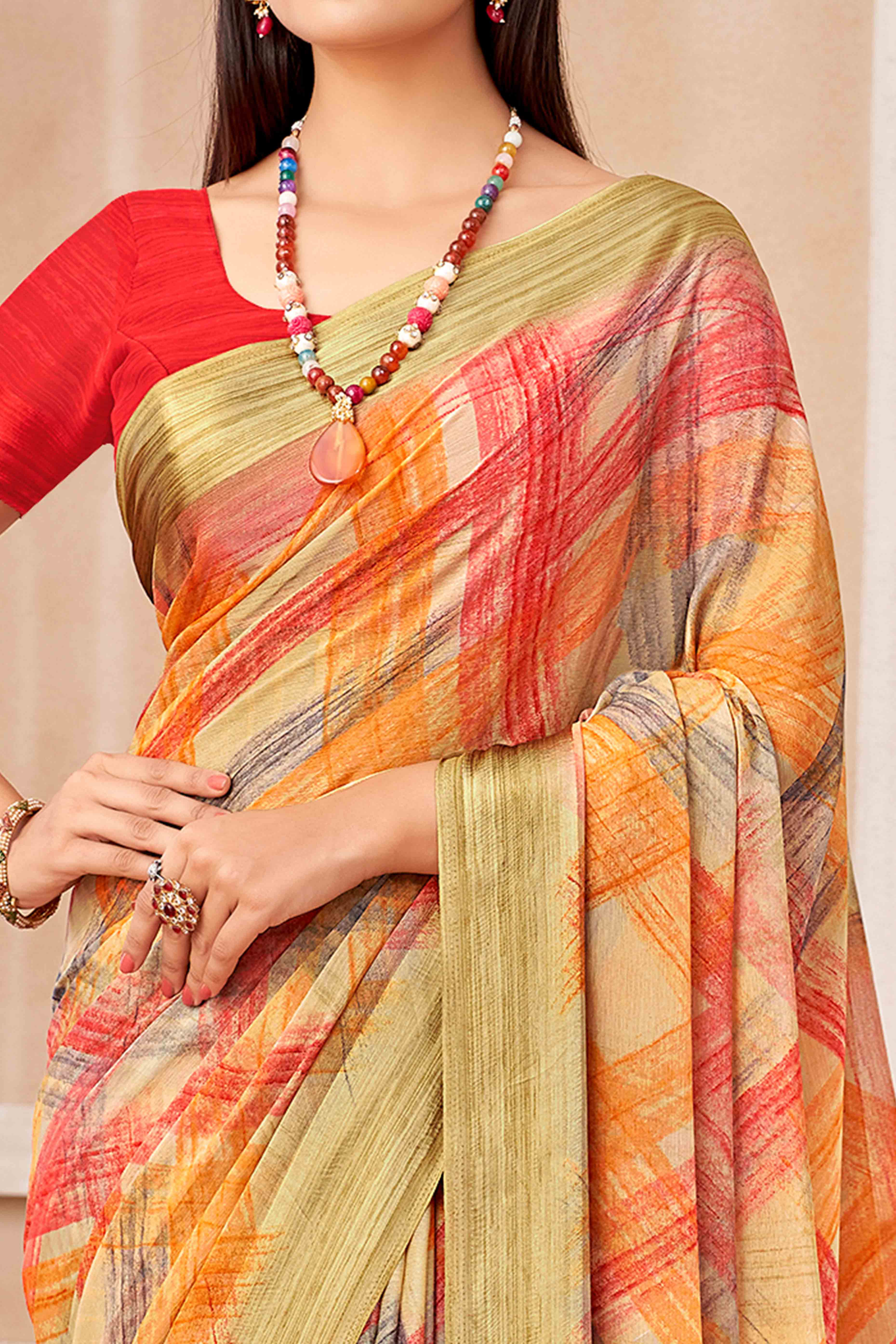 Multicolor Chiffon Saree With Delicate Prints & Elegant Satin Woven Border