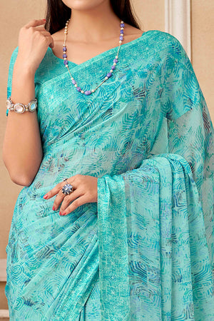 Blue Chiffon Saree With Delicate Prints & Elegant Satin Woven Border