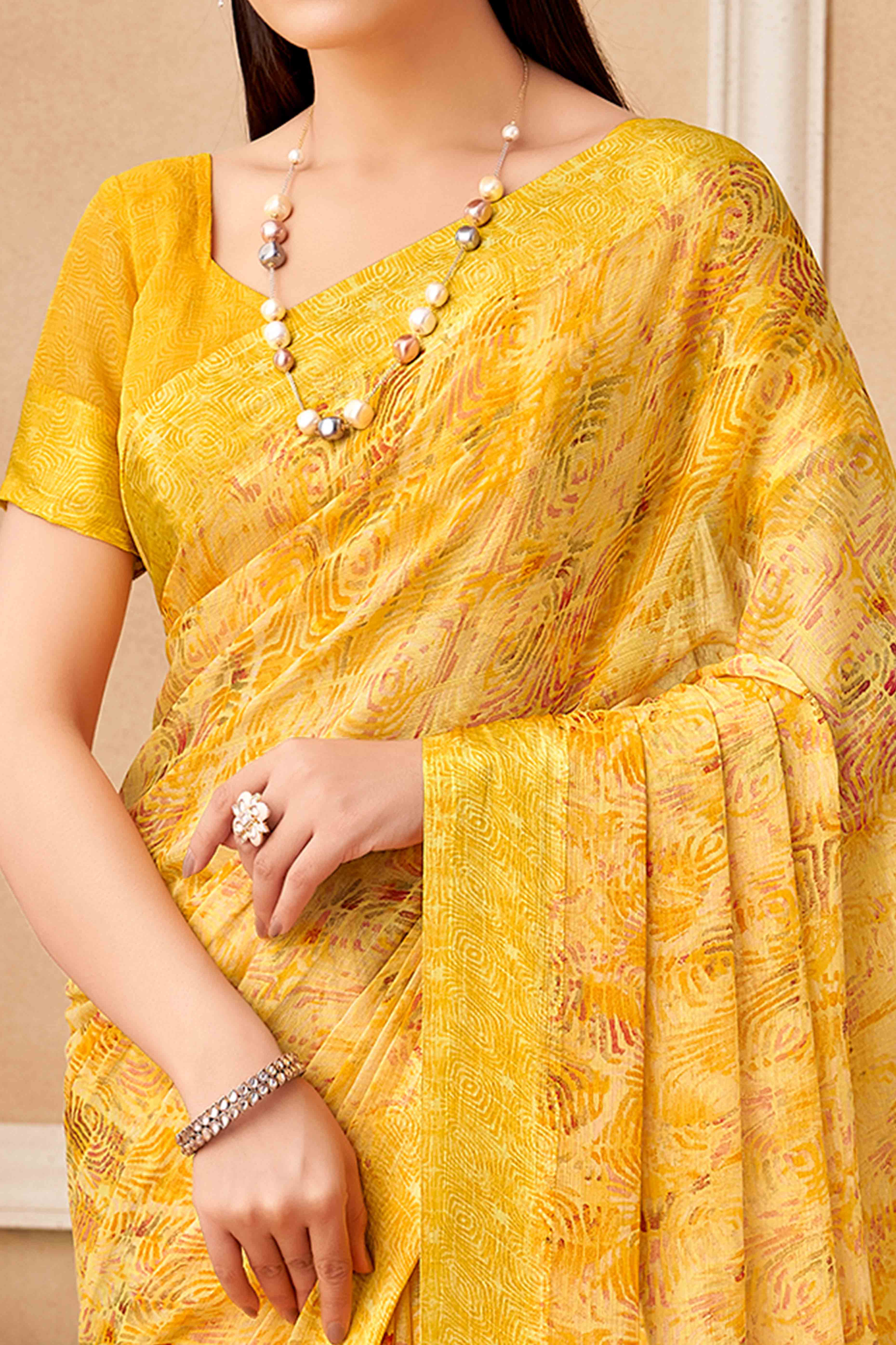 Mustard Chiffon Saree With Delicate Prints & Elegant Satin Woven Border