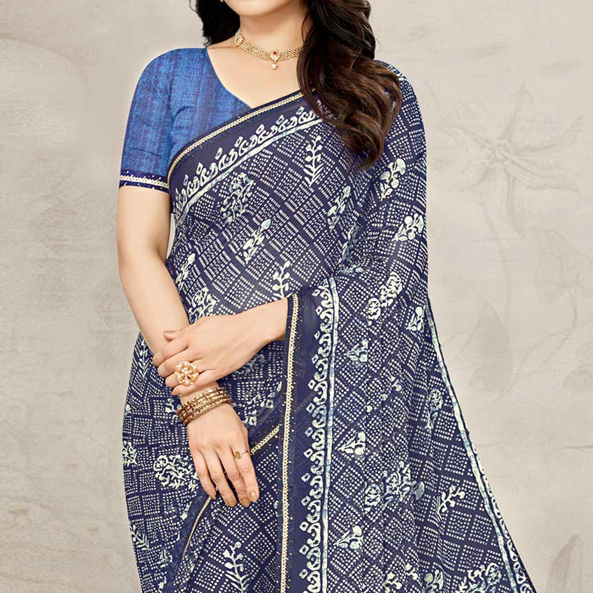 Blue Floral Printed Chiffon Saree