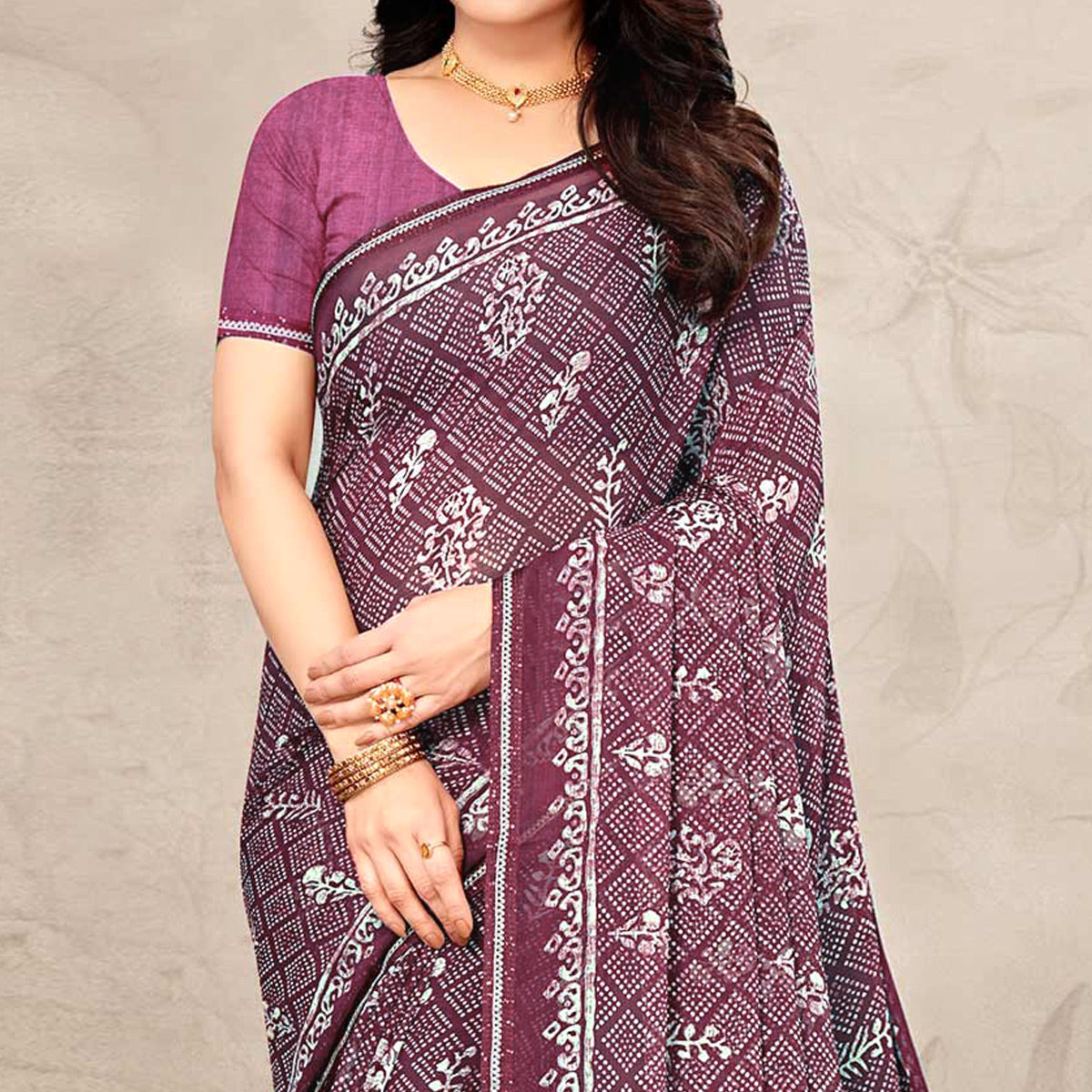 Purple Floral Printed Chiffon Saree