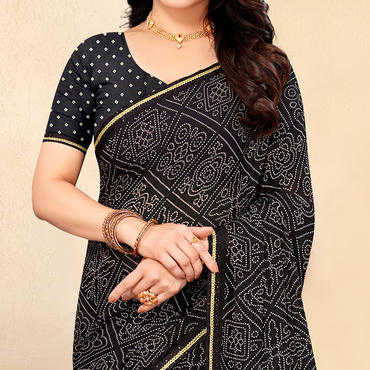 Black Bandhani Printed Chiffon Saree