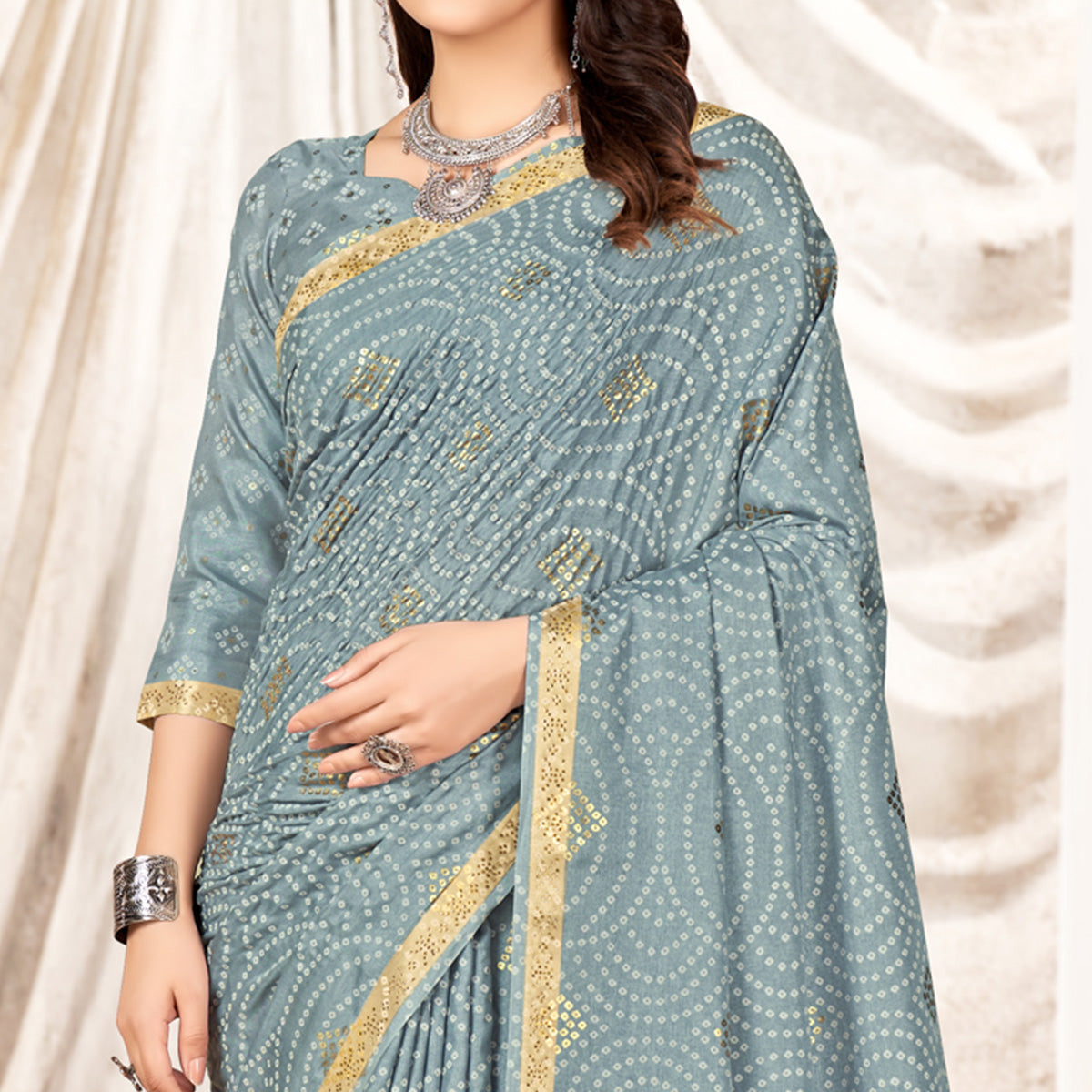 Grey Foil Printed Tussar Silk Saree With Tassels