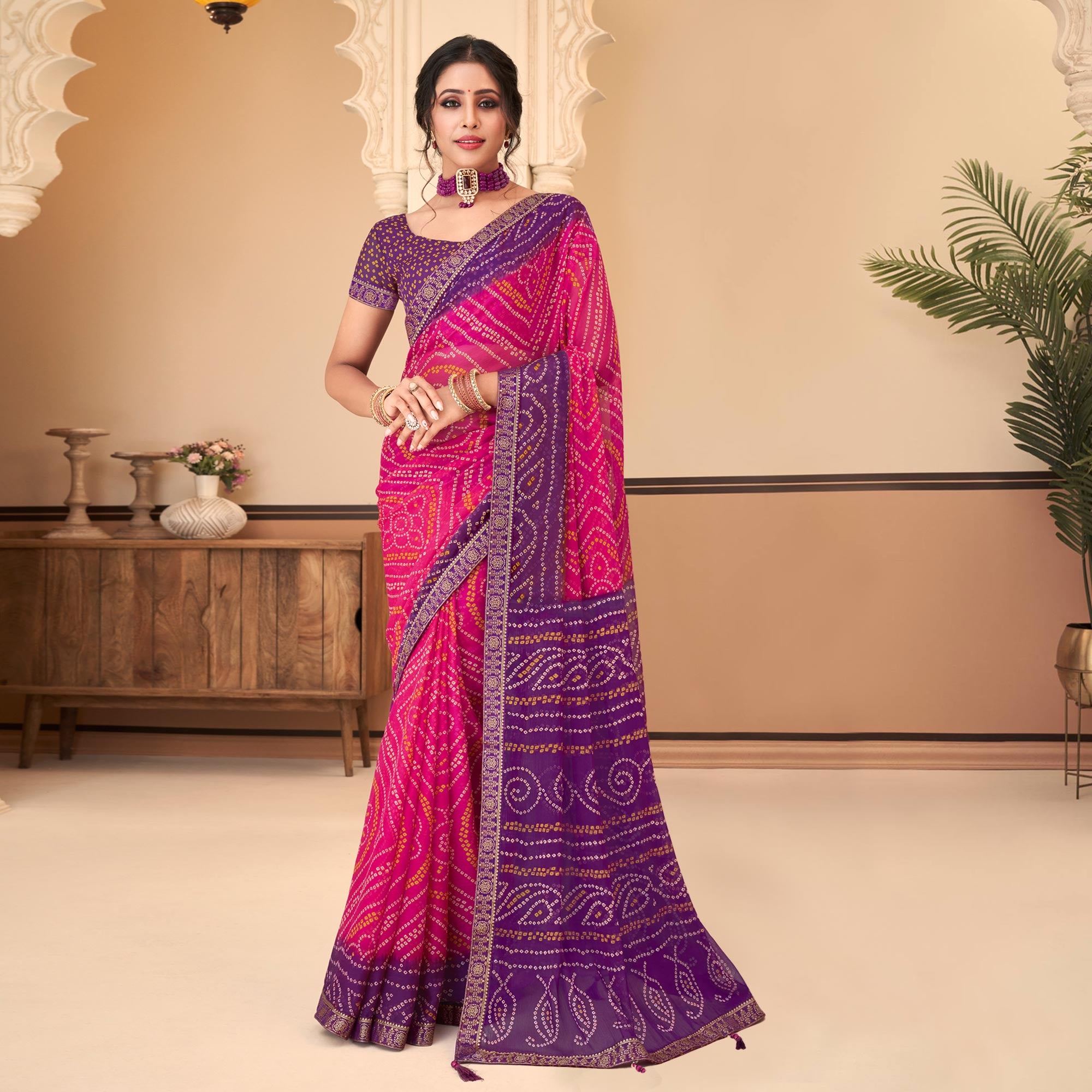 Magenta & Purple Bandhani Printed Chiffon Saree With Lace Border