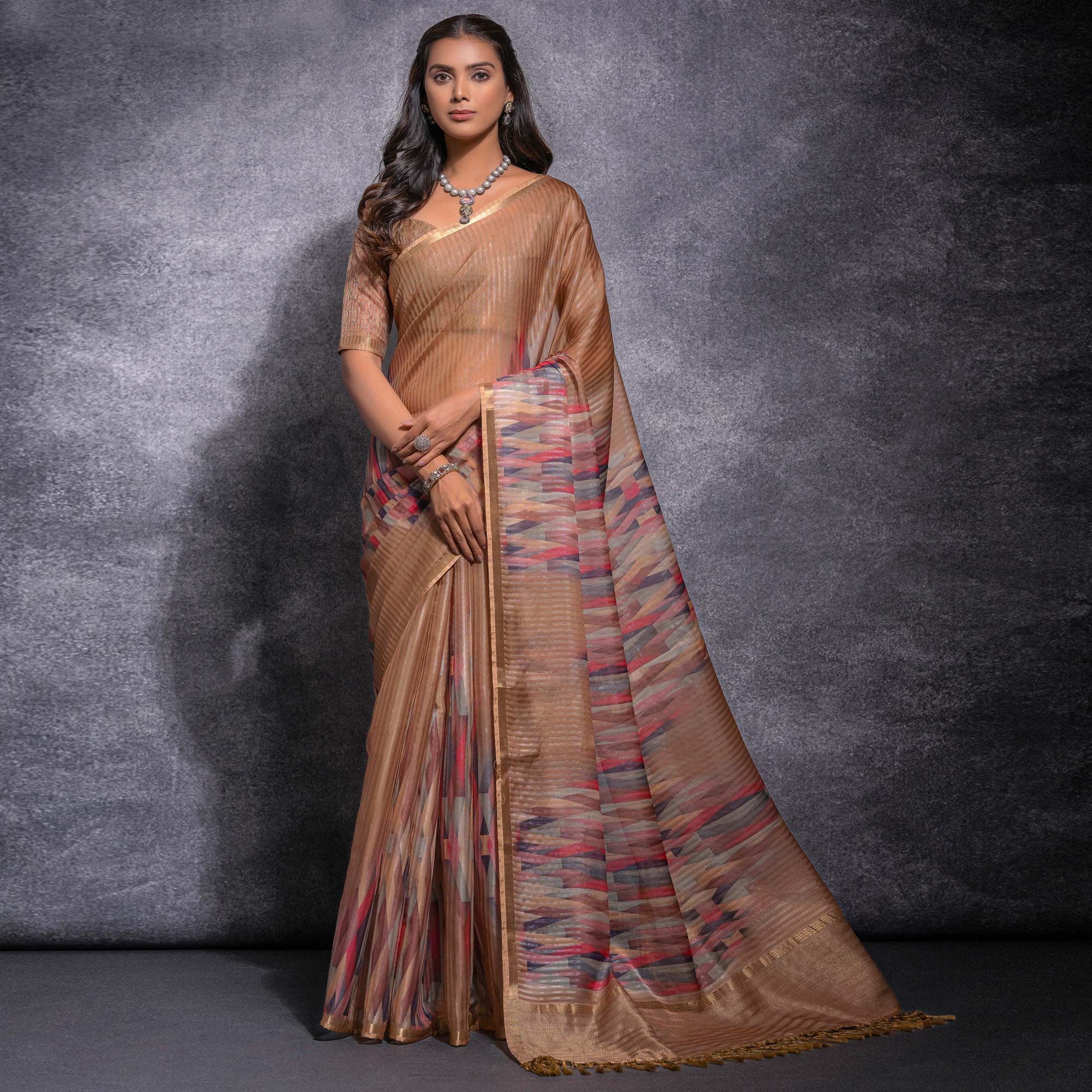 Chikoo Digital Printed Linen Saree With Woven Border