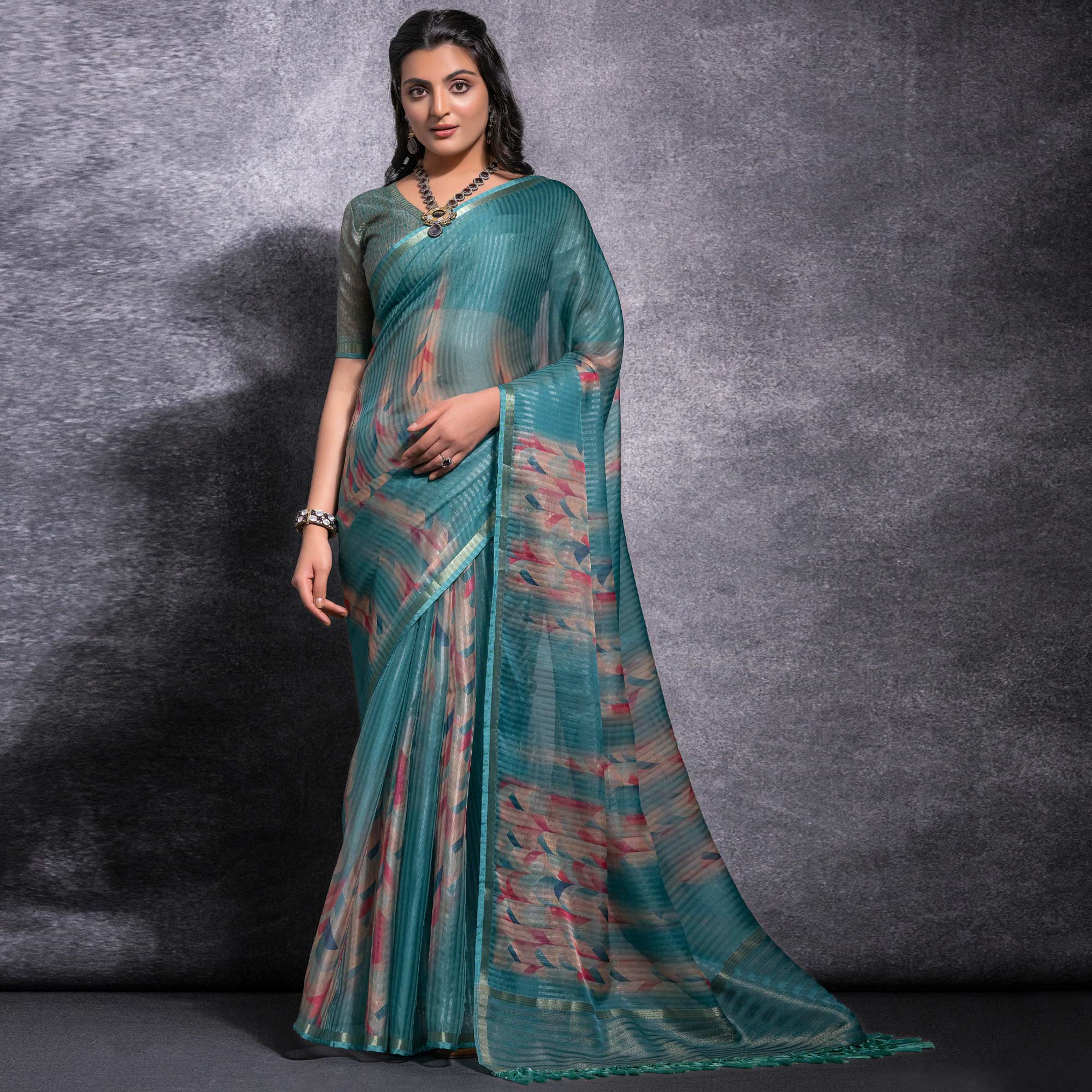 Rama Green Digital Printed Linen Saree With Woven Border