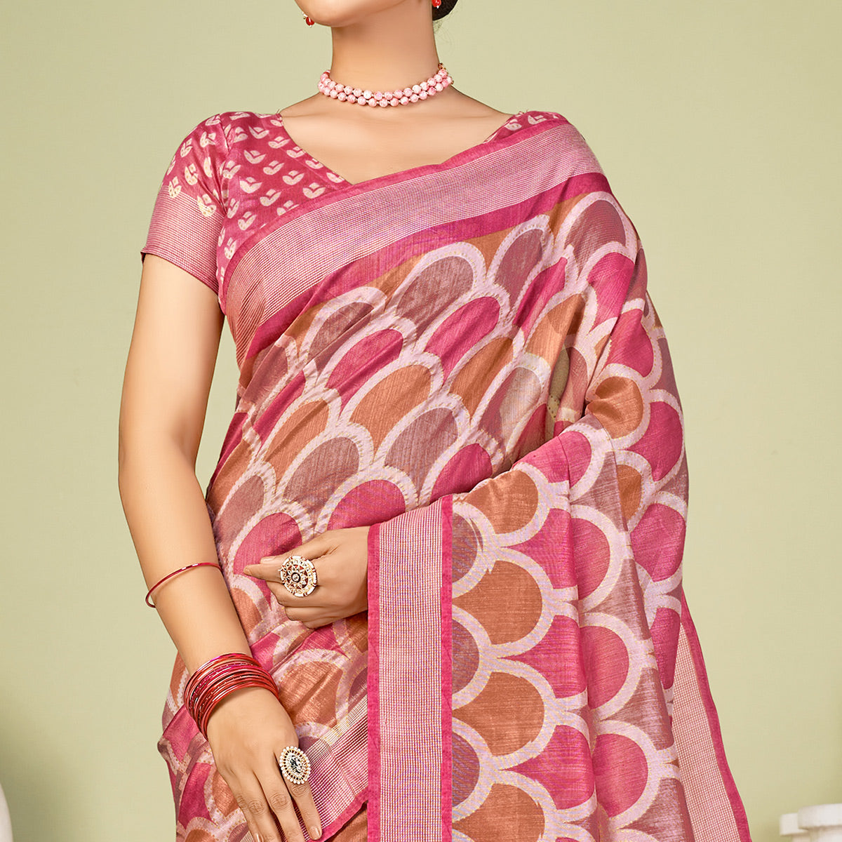 Pink Printed Tussar Silk Saree