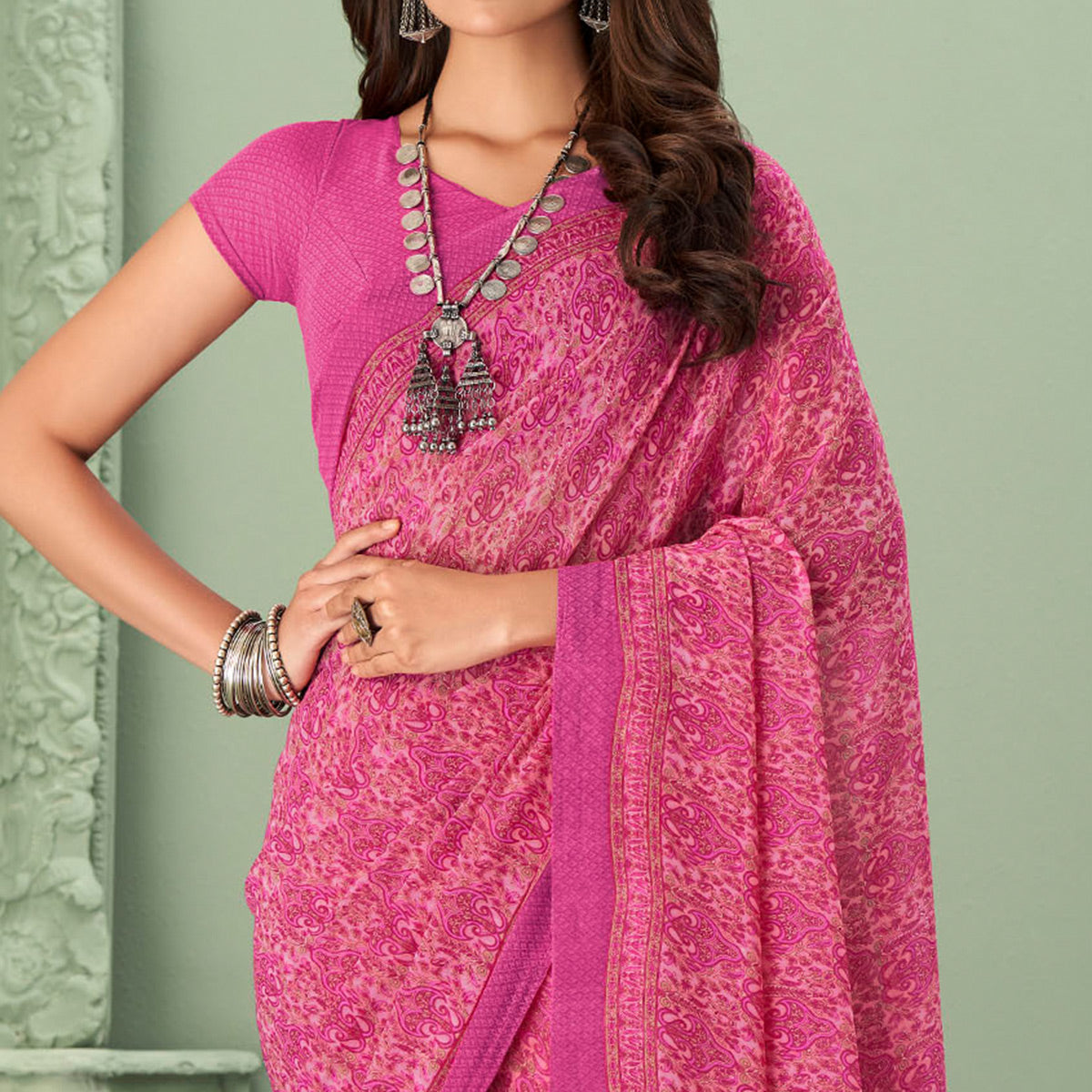 Pink Printed Georgette Saree