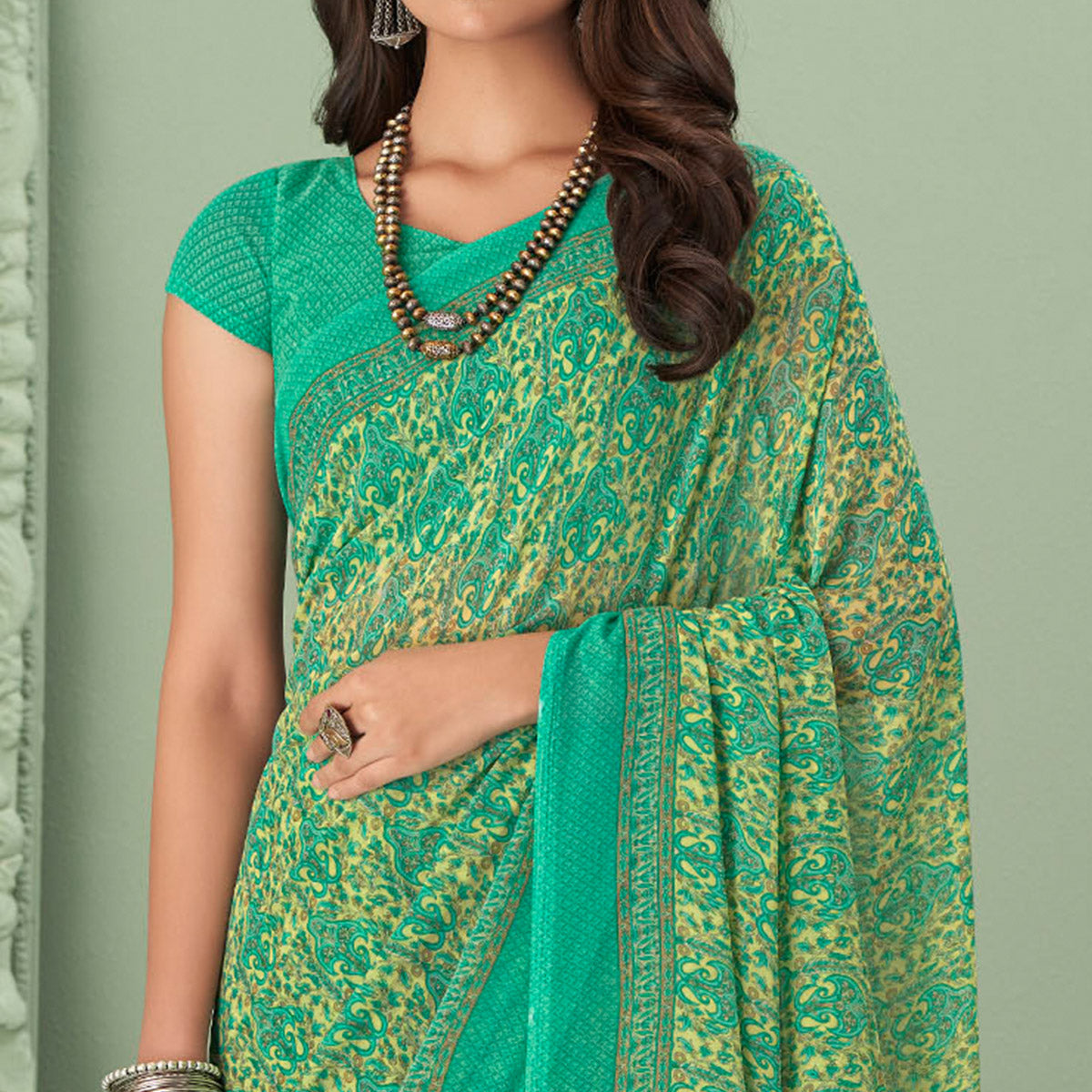 Green Printed Georgette Saree